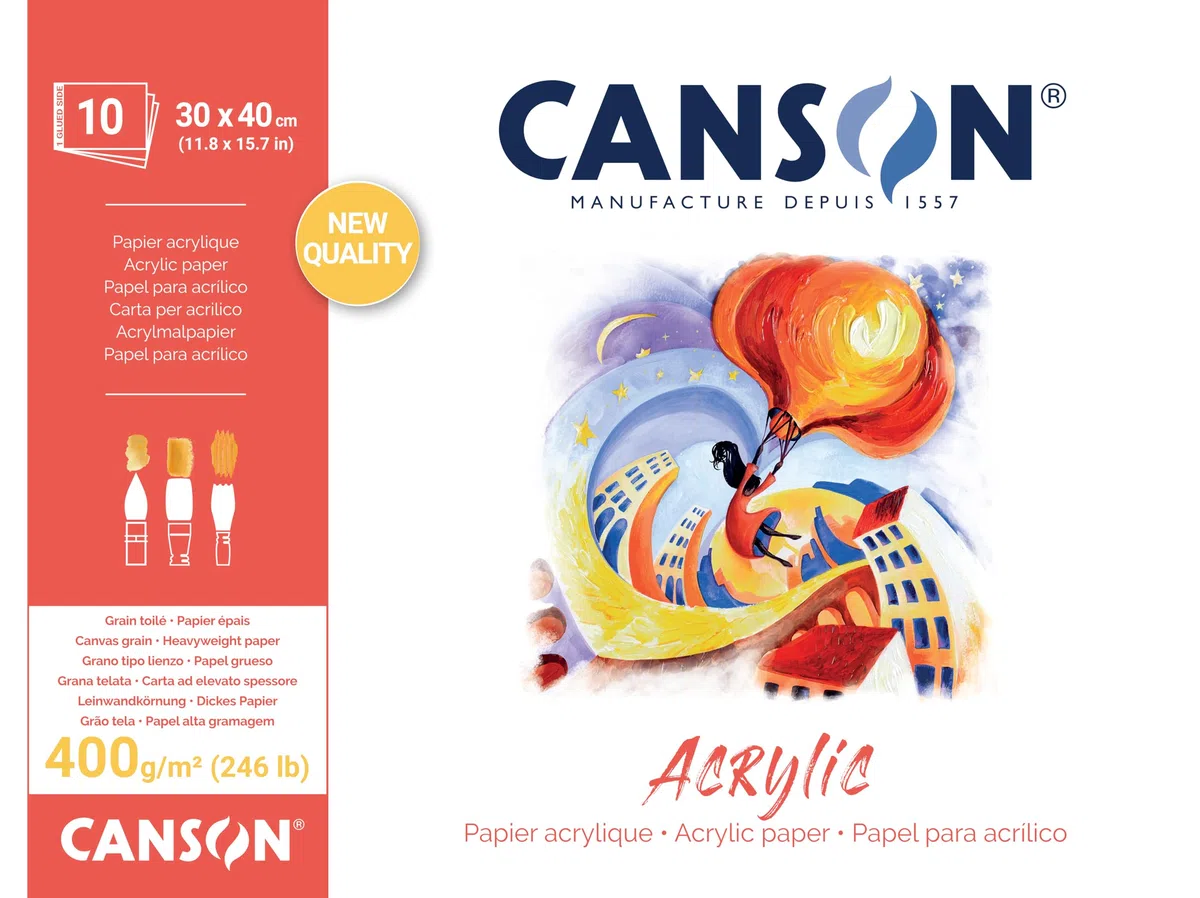 CANSON Acrylic, Acrylpapier, Leinwandkörnung, 400 g/m², an der kurzen Seite geleimter Block, 30 x 40 cm, naturweiß, 10 Blätter