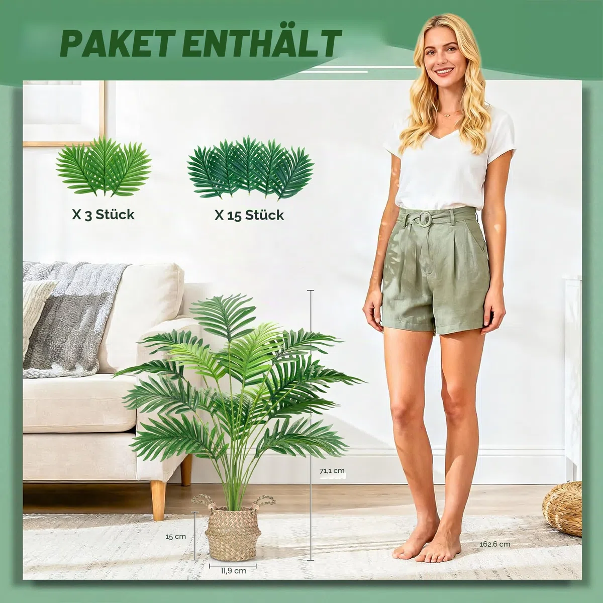 Der Rose Kunstpflanze Künstliche Palme 71cm Künstliche Pflanzen Kunstpflanzen Groß Fake Plant für Wohnzimmer Balkon Flur Boho Deko Außen