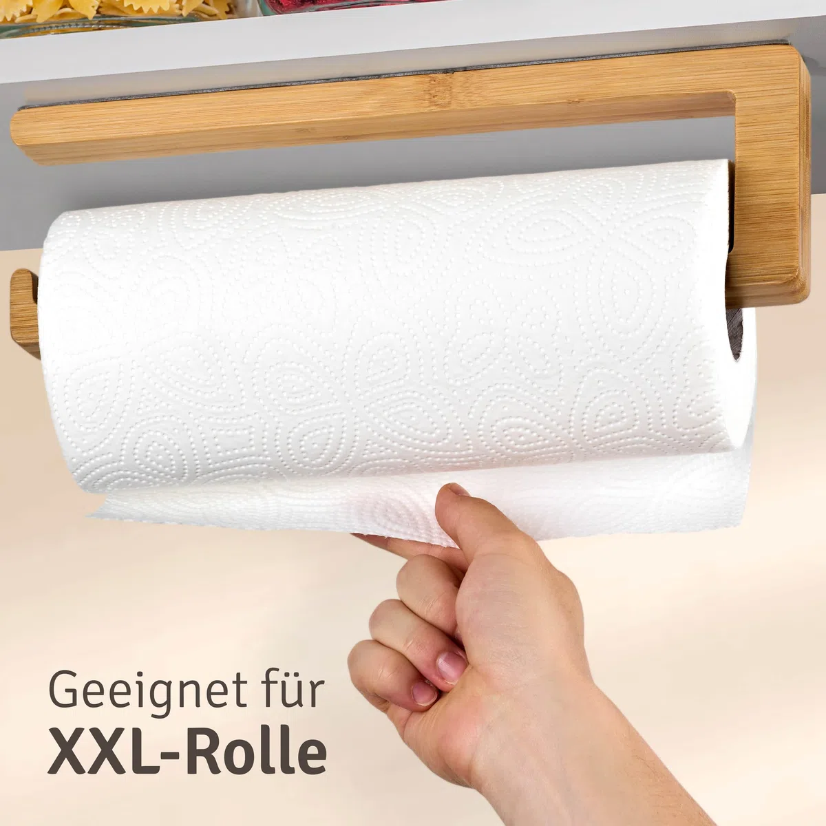 Praknu Küchenrollenhalter ohne Bohren aus FSC® Bambus Holz - Spart Platz in der Küche - Hält Bombenfest - Schnelle Montage