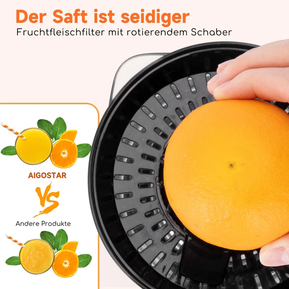 Aigostar Elektrische Zitruspresse 2 Kegel & BPA-Frei, Orangenpresse 40 W, 700ml Saftpresse Elektrisch, 2 Drehrichtungen, Hohe Saftausbeute, Spülmaschinenfest & Tropfsicher