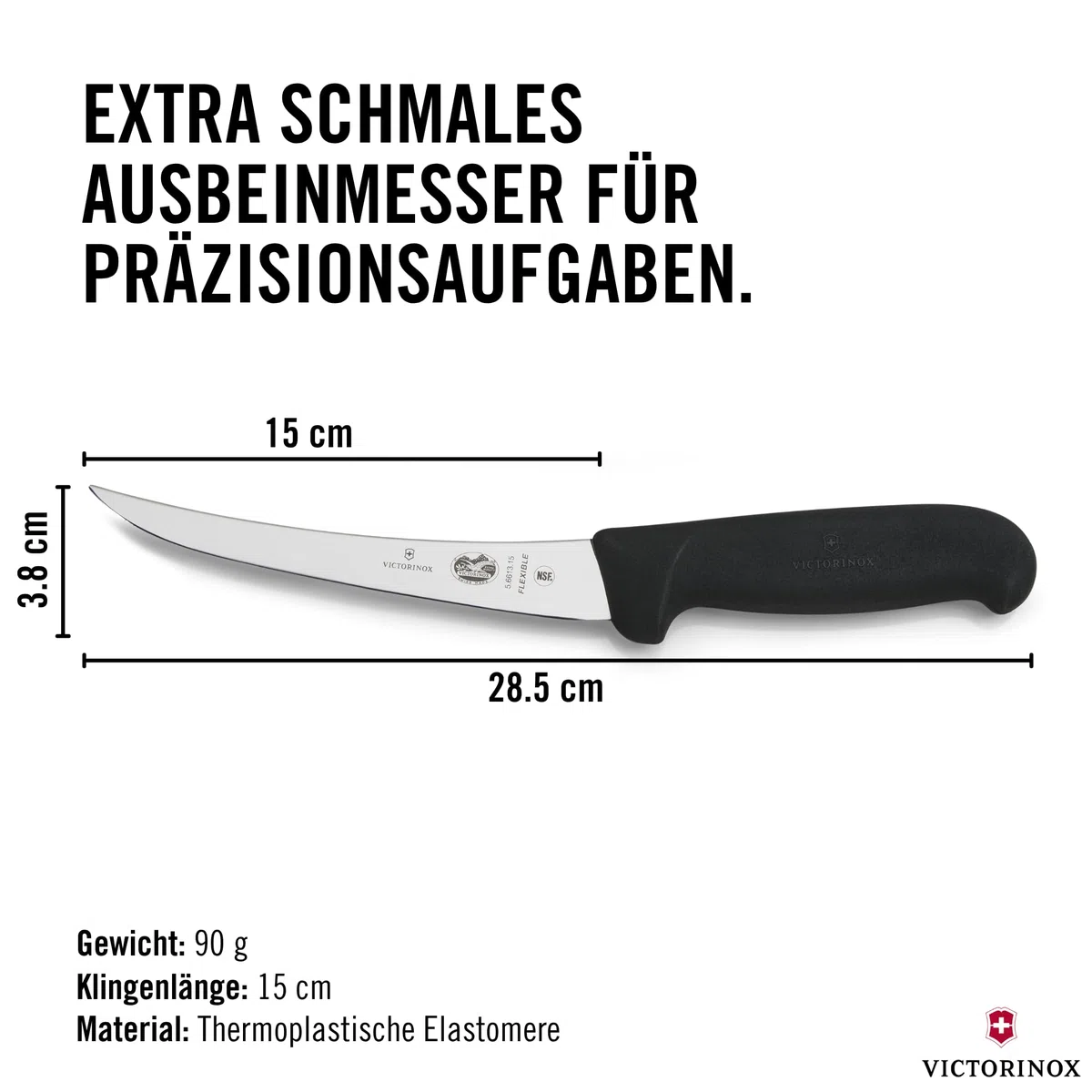 Victorinox Fibrox Ausbeinmesser, Scharfes Küchenmesser für Fleisch und Fisch, 15 cm, Gebogene Klinge, Flexibel, HACCP geeignet, Rutschfest, Schwarz