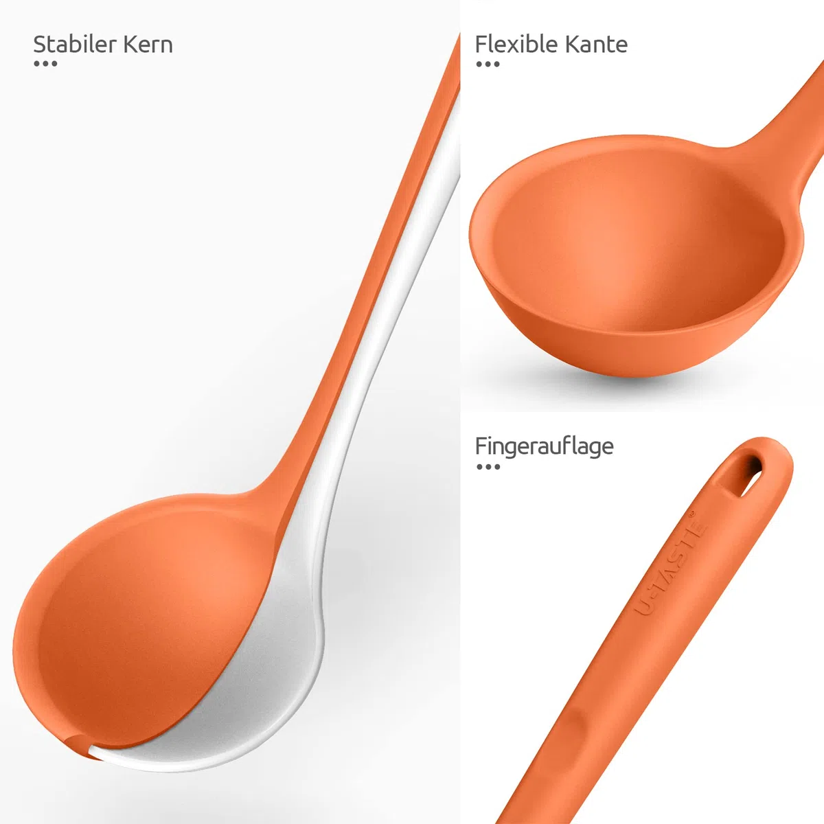 U-Taste 34 cm Silikon-Suppenkelle: 315℃ Hitzebeständige Antihaftbeschichtung aus nahtlosem Gummi Großer tiefer Servierlöffel für die Küche zum Kochen von Saucen Eintöpfen (Orange)
