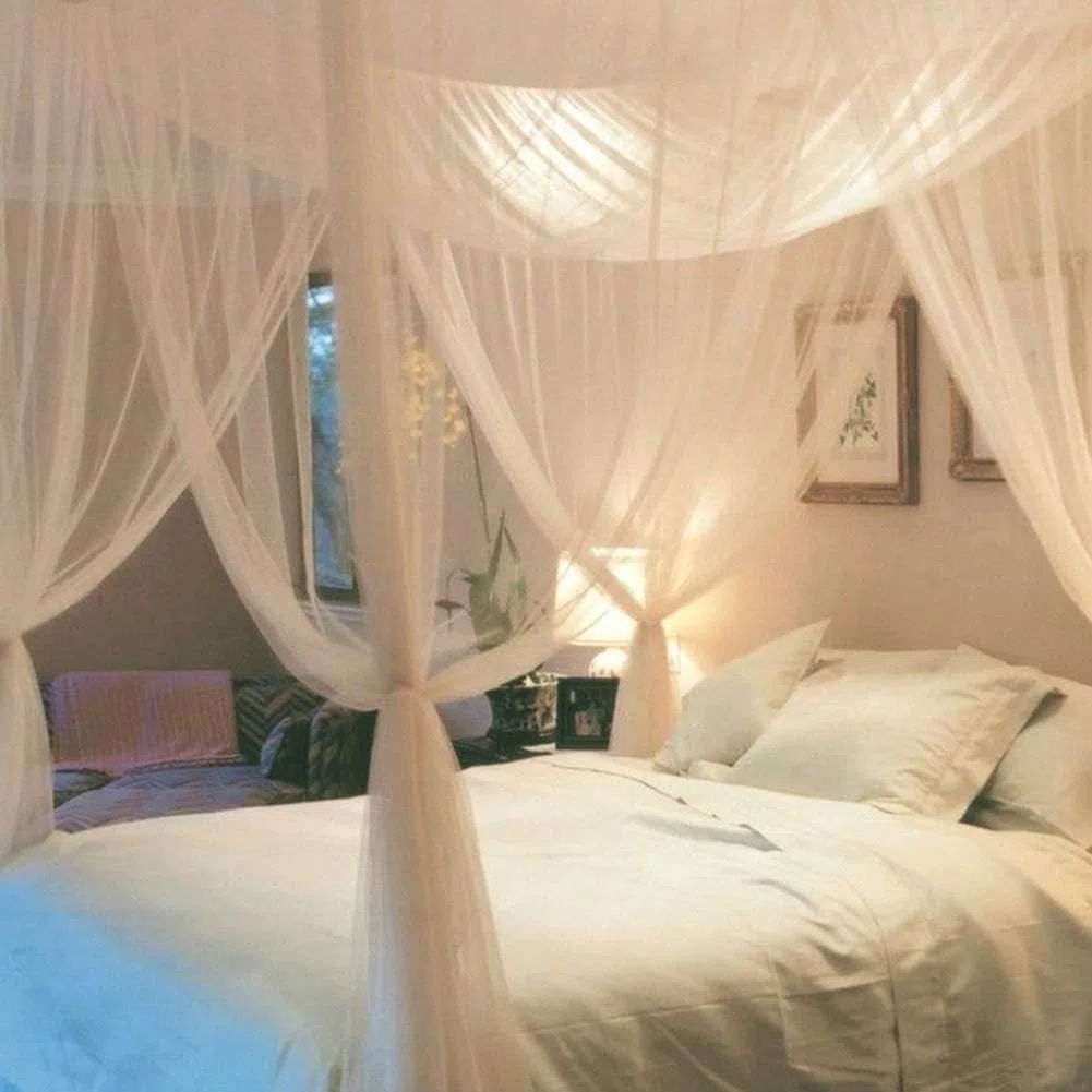 4 Eckpfosten Himmelbett Vorhang, Moskitonetz Doppelbett und Einzelbett, Mückenschutz Moskitonetz, Dekoration, Universal-Baldachin, Bettvorhänge für Erwachsene und Frauen, 210 x 190 x 240 cm, Beige