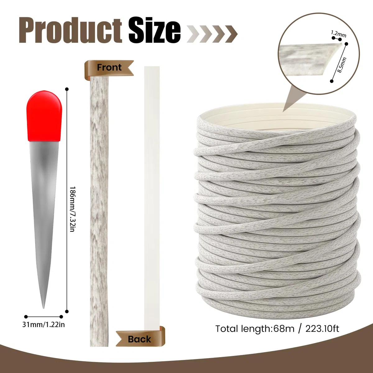 65m Kunststoff Rattan Reparaturmaterial, Flach Gewebtes PE-Rattan mit Webwerkzeug für Outdoor Möbel, Garten, Terrasse, Rattan-Stuhl, Tisch, Sitzbank Sehr langlebig, Grau meliert