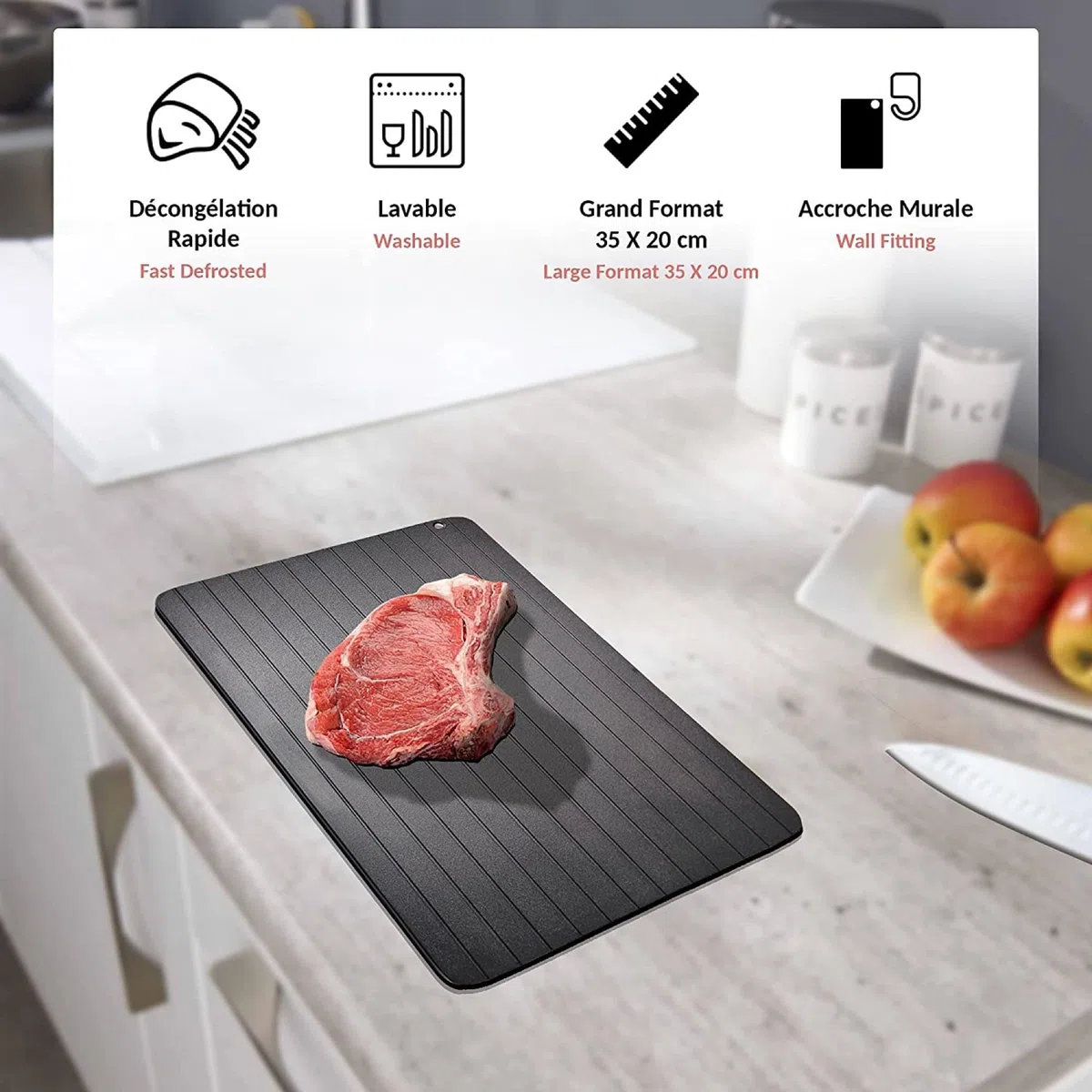 FISHTEC - Auftauplatte - Schnellauftauplatte - Brett für Fleisch, Fisch und Gemüse - Auftauen von Tiefkühlkost - Ohne Strom - 35,5 x 20 cm - Schlichtes und modernes Design