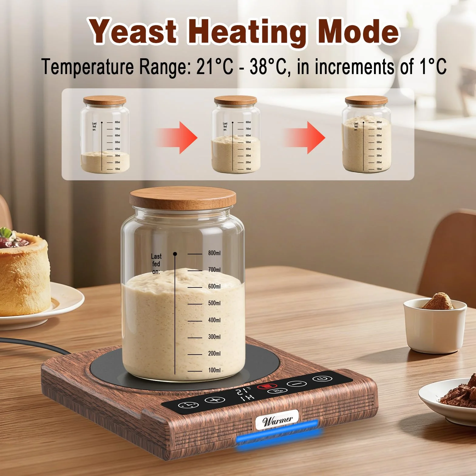 Sauerteigstarterwärmer, Tassenwärmer Zwei-in-einem, Wärmeplatte Präzise 1℃ Thermostat (Gärungsmodus: 21-38℃) und 5℃ Thermostat (Heizmodus: 40-80℃),mit 24-Stunden-Timer