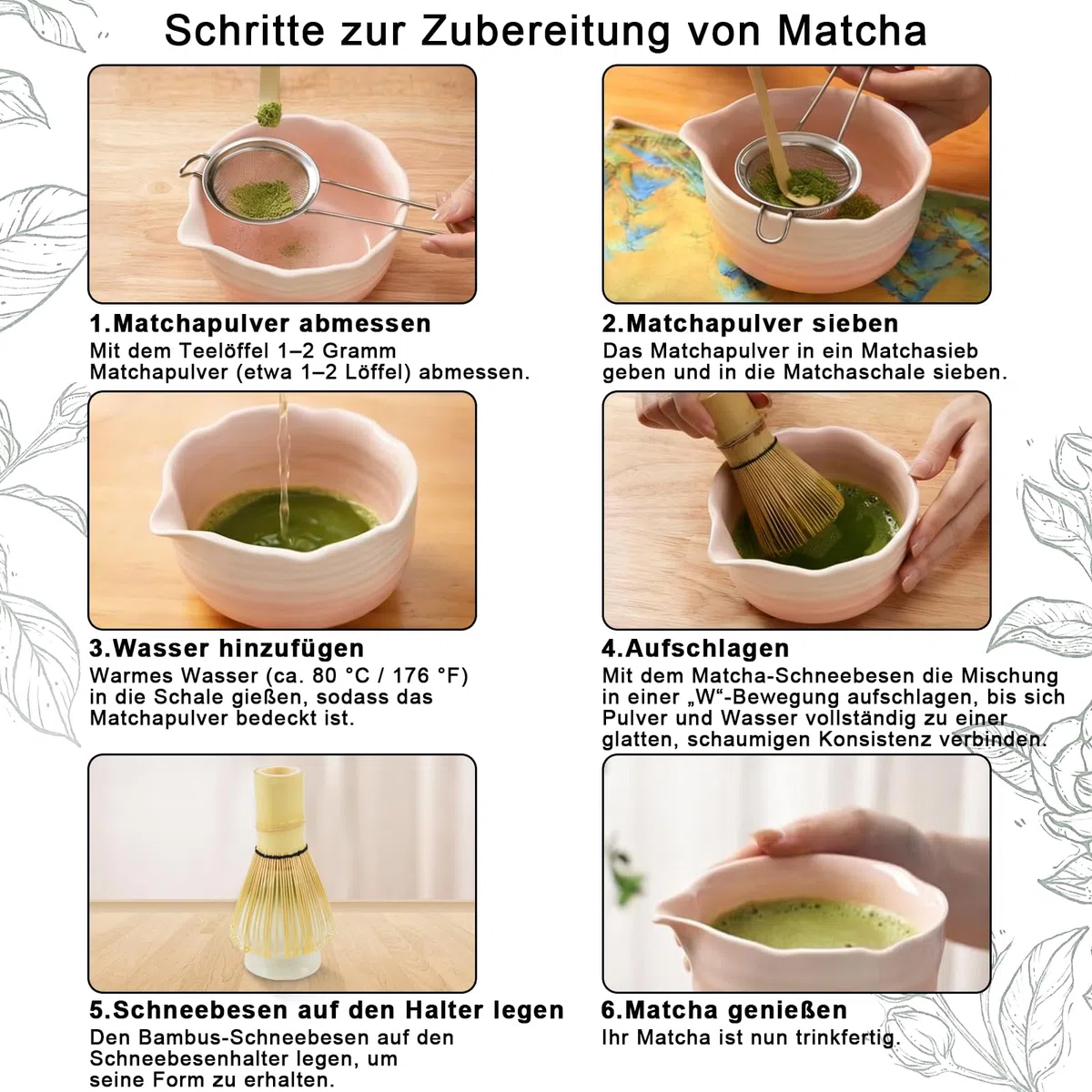 8 Stück Matcha Besen Set – Traditionelles Bambus Matcha Tea Set mit Matcha Schale, Chasen Bambusbesen, Schaufel, Sieb, Besenhalter, Löffel – Perfekt für Matcha Liebhaber & Geschenk (Pink)