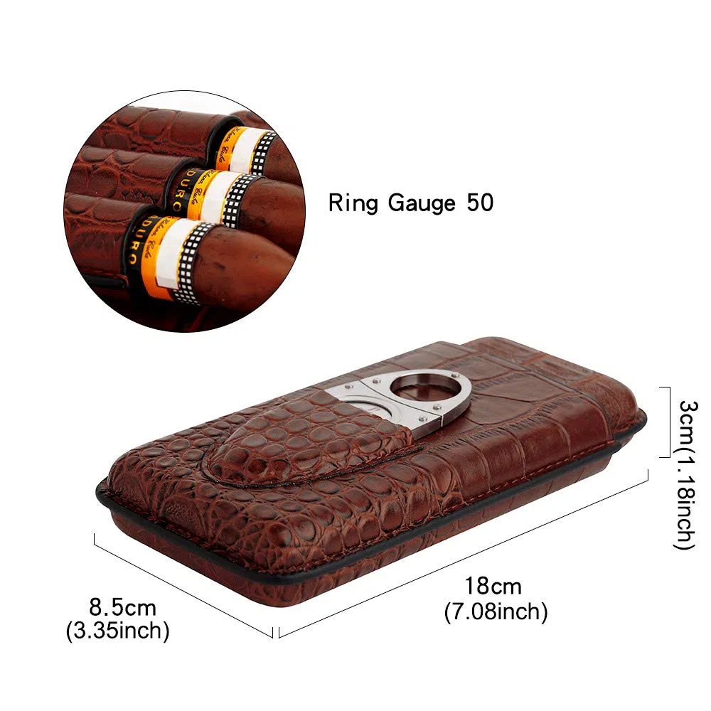 PIPITA Zigarrenetui aus Leder, 3 Tubes Zigarren Humidore aus Krokodile Getreide Leder Zigarrenschneider aus Edelstahl inkl.Tragbare Reise-Zigarrentasche Zigarren Etui (Braun für 3 Zigarren)