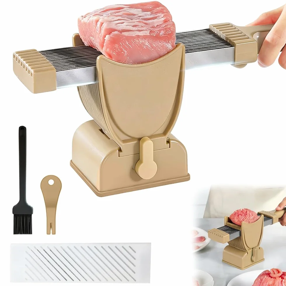 Frischfleischschneider, Schneidemaschine Küche für zu Hause, Verstellbarer Fleischschneider mit Edelstahlklinge, zum Schneiden von Fleisch, ein Schnitt ergibt 18 Scheiben, Khaki