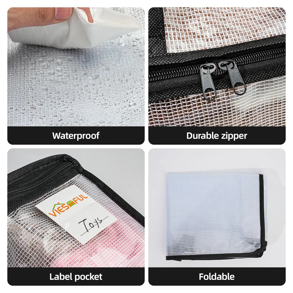 Vieshful 6 Stück Klare Aufbewahrungstaschen mit Etikett 22L – PVC Netz Aufbewahrungsbeutel mit Reißverschluss für Kleidung Aufbewahrung, Decken, Bettwäsche, Spielzeug, Unterbett Aufbewahrung,Schwarz