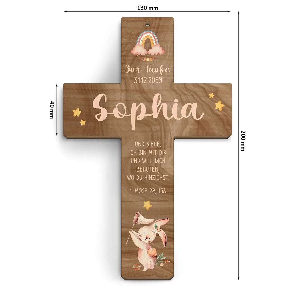 Kartenmachen.de Taufkreuz personalisiert aus Holz Taufgeschenk Mädchen Junge 13x20cm - Häschen - Walnussholz Look