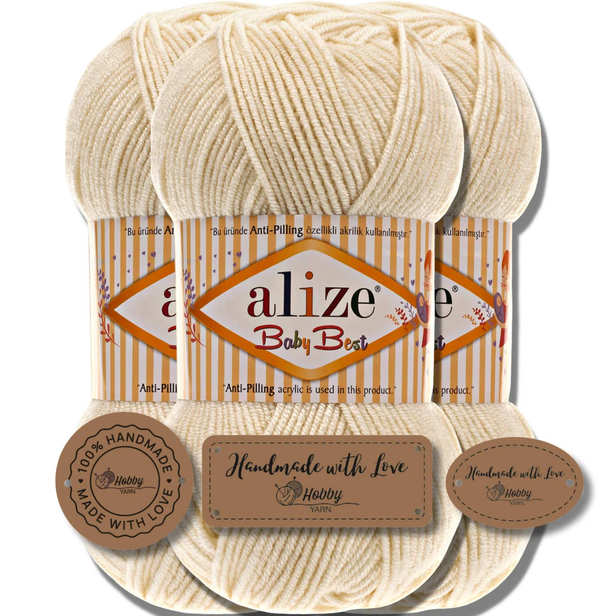 Hobby YARN 3x Etikettenlabel mit Alize Baby Best Wolle Premium 3x100g als Set, Antipilling Babywolle Acryl Uni & Batik Strickgarn zum Häkeln und Stricken (1)