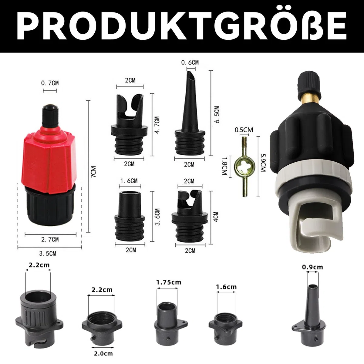 Aufblasbarer SUP Pumpenadapter Paddle Board Ventiladapter mit 9 Standard Luftpumpendüsen Multifunktional Adapter Luftpumpe