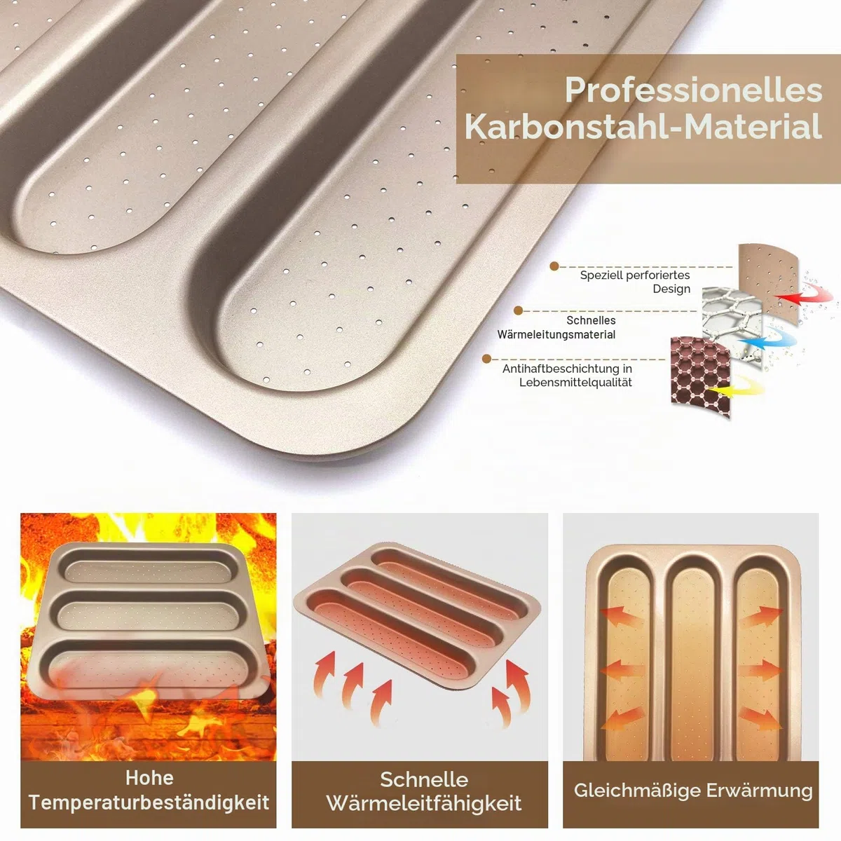 Baguette-Backblech, antihaftbeschichtet, Baguette-Brotform, Pfanne, längliche Brotform, perforiert, französische Stick-Kastenformen, Baguette-Brotbackform, Werkzeuge, Karbonstahl