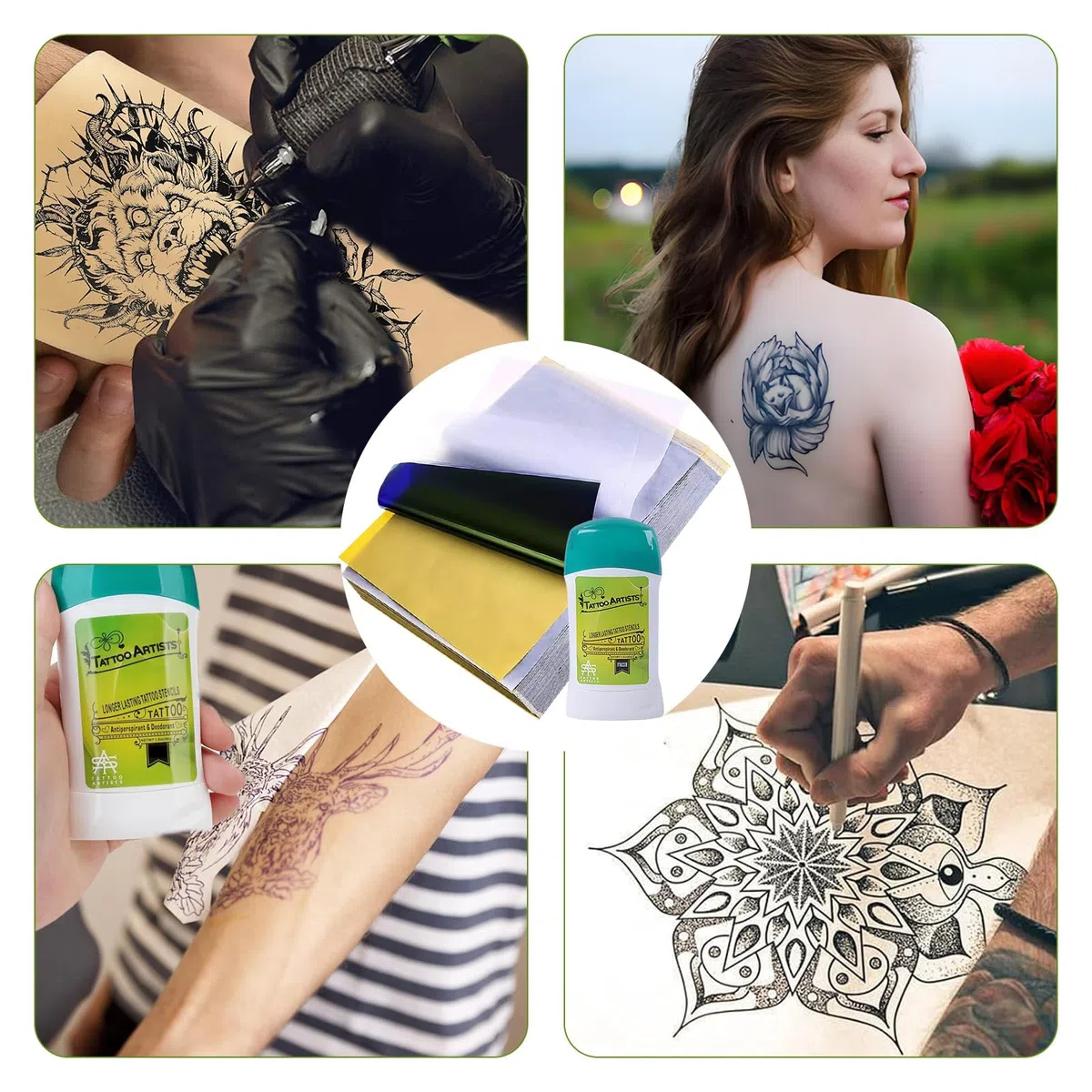 Tattoo Transfer Kit, 50 Blatt Stencil Paper & 2 Transfer Gel (102g) - Professionelles 4-Lagen Papier und Pflanzliches Gel, Hygienischer Drehauf-Spender für Anfänger & Profis