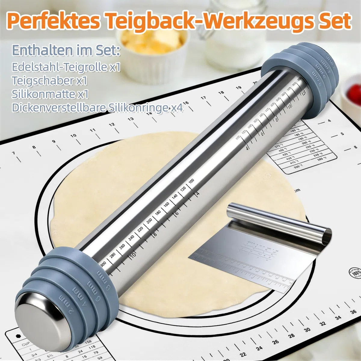 Nudelholz Edelstahl Verstellbar, Teigroller mit Abstandshalter 4 Dickenstufen, Antihaft Rostschutz - 42cm mit Silikon Teigunterlage & Teigspachtel, alle mit Messmarkierung - Für Pizza, Gebäck, Kuchen