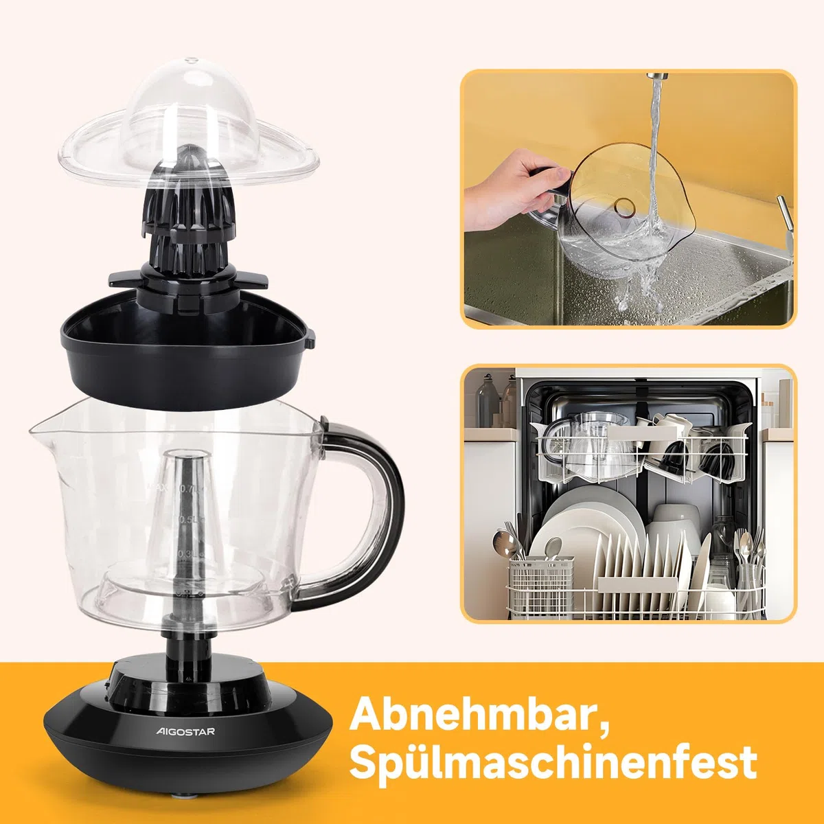 Aigostar Elektrische Zitruspresse 2 Kegel & BPA-Frei, Orangenpresse 40 W, 700ml Saftpresse Elektrisch, 2 Drehrichtungen, Hohe Saftausbeute, Spülmaschinenfest & Tropfsicher