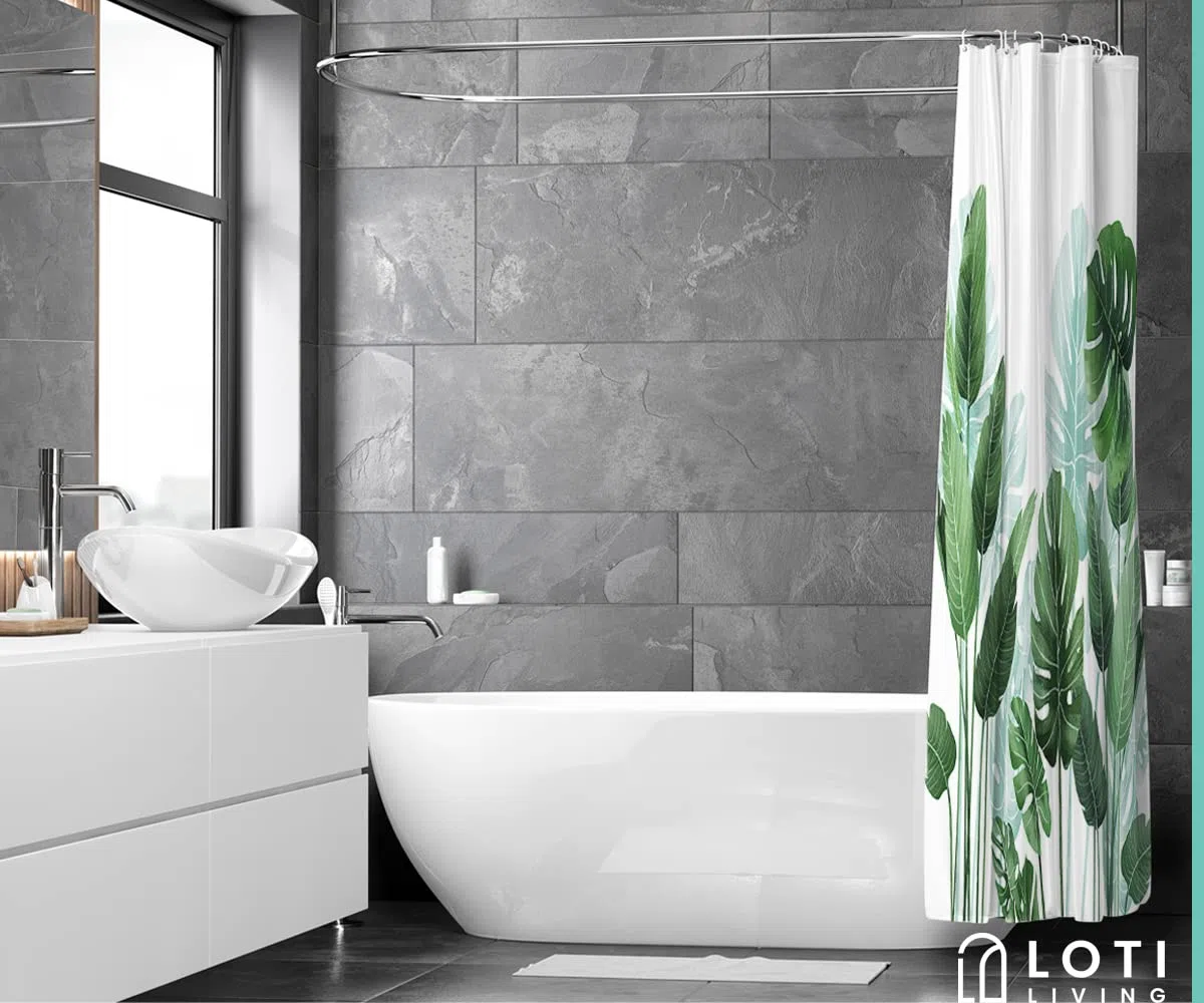 Duschvorhang 180x200 cm - Grün Strelitzia Pflanzen Design - Anti Schimmel & Waschbar – Stoff aus Textil – Wasserdicht – Inkl. 12 Ringe – Badewannenvorhang für Dusche & Bad - Polyester