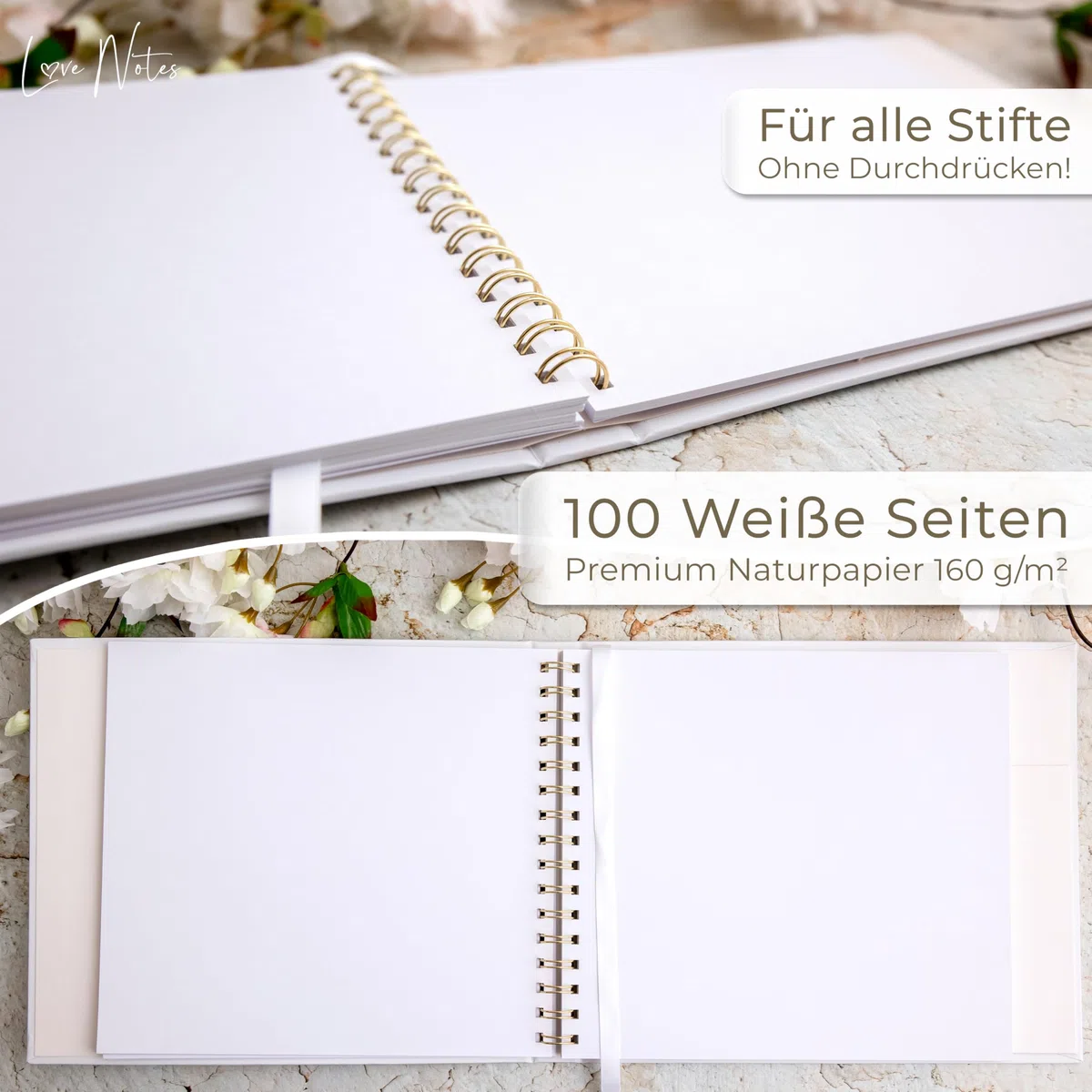 Love Notes Gästebuch Hochzeit, Geburtstag & Jeder Anlass [100 Blanko Seiten] Hochwertiges Gästebuch für unvergessliche Erinnerungen, Edle Gold Prägung, 21x23 cm, Ringbuch Hardcover (Weiß)