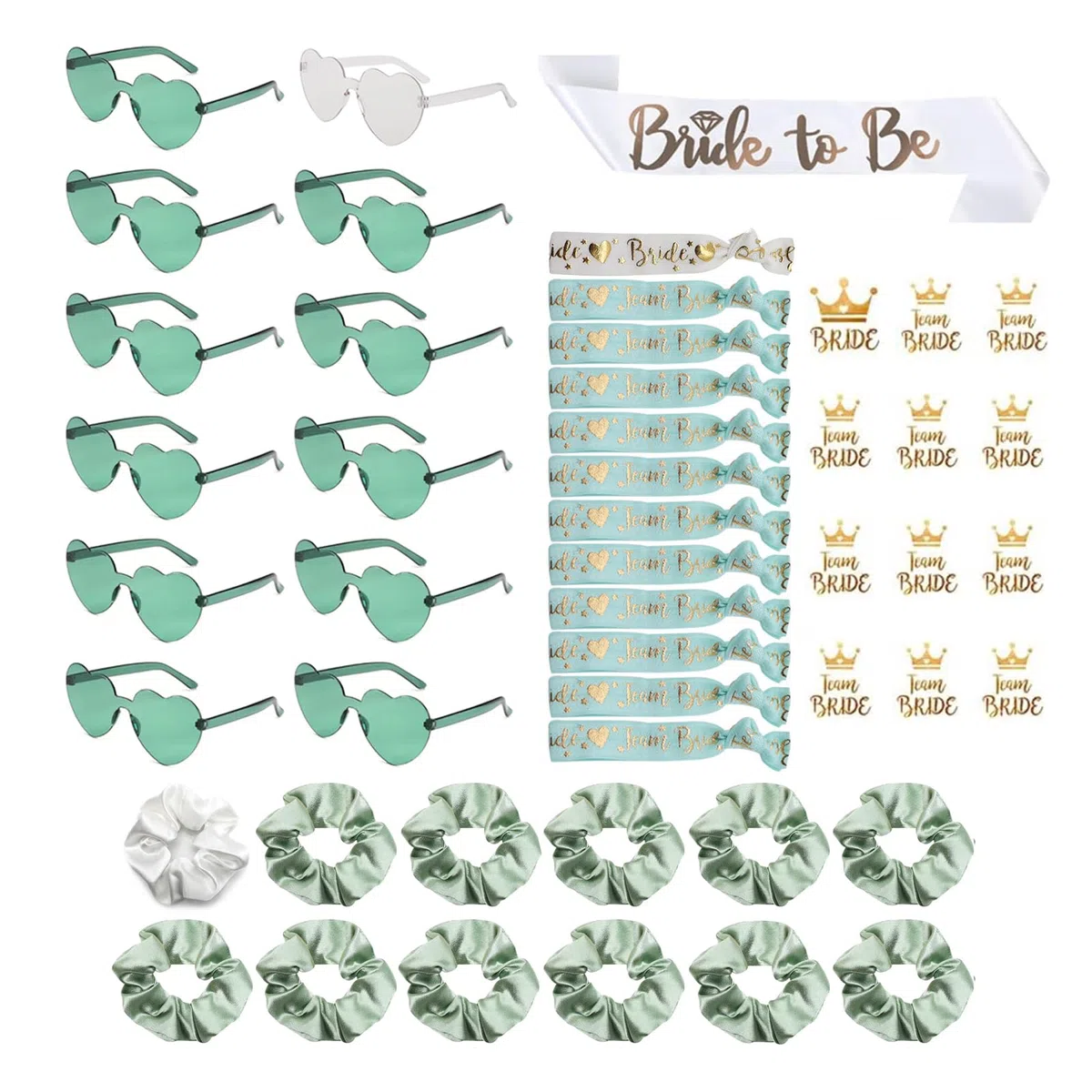 49 Stück Jga Accessoires Frauen, JGA Brille Team Braut Haargummi Armbänder für Junggesellenabschied Frauen, 1Bride to be schärpe +12 Herzförmige Brille +12 Haargummi+12 Armband+12 Aufkleber, JGA Deko