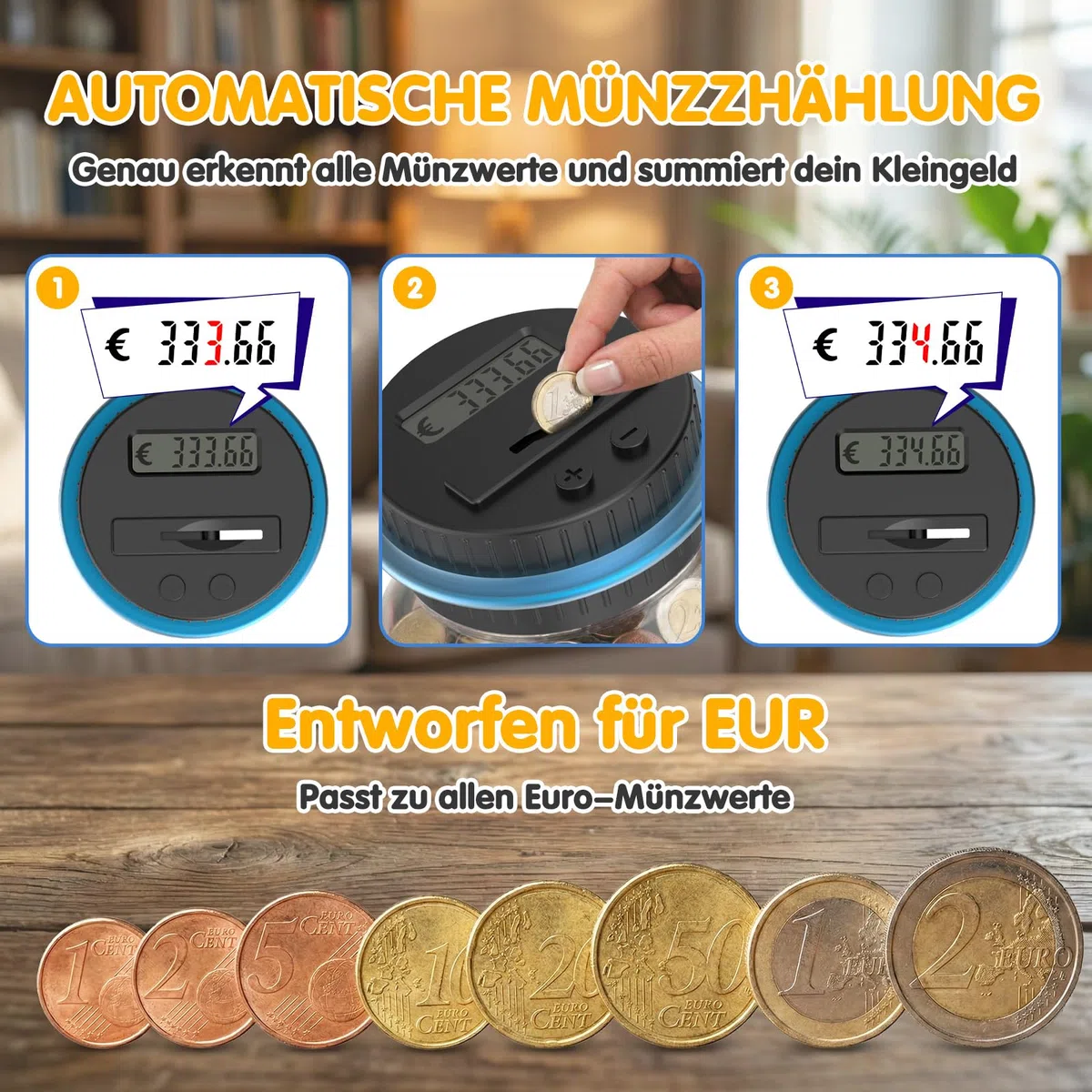 Pup Go Digitale Spardose mit Zähler, 1.8L Münzzähler Groß mit LCD Display, Sparschwein Personalisiert für Kinder Jungen Mädchen und Erwachsene, Durchsichtig Elektrische Sparbüchse Zählwerk XXL