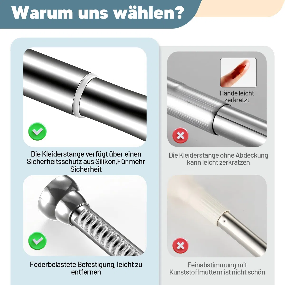Verstellbare Kleiderstange ohne Bohren, Ausziehbare Kleiderstange für Schrank, Duschvorhangstange Edelstahl Teleskopstange Spannstange für Dusche Balkon Badezimmer Hängestange, 35 bis 50cm