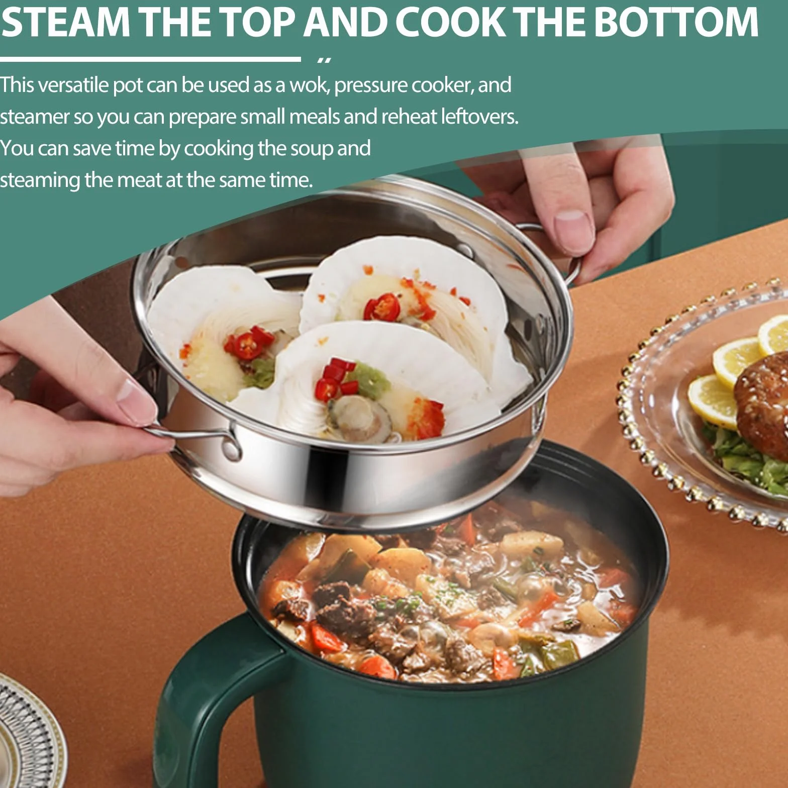 Elektrischer Hot Pot 1.5L, Tragbare Mini Antihaft Multikocher mit Dampfgarer, Schneller Ramen Kocher & Elektrische Bratpfanne mit Dual Power Steuerung, Reisekocher für Zuhause Büro Wohnheim