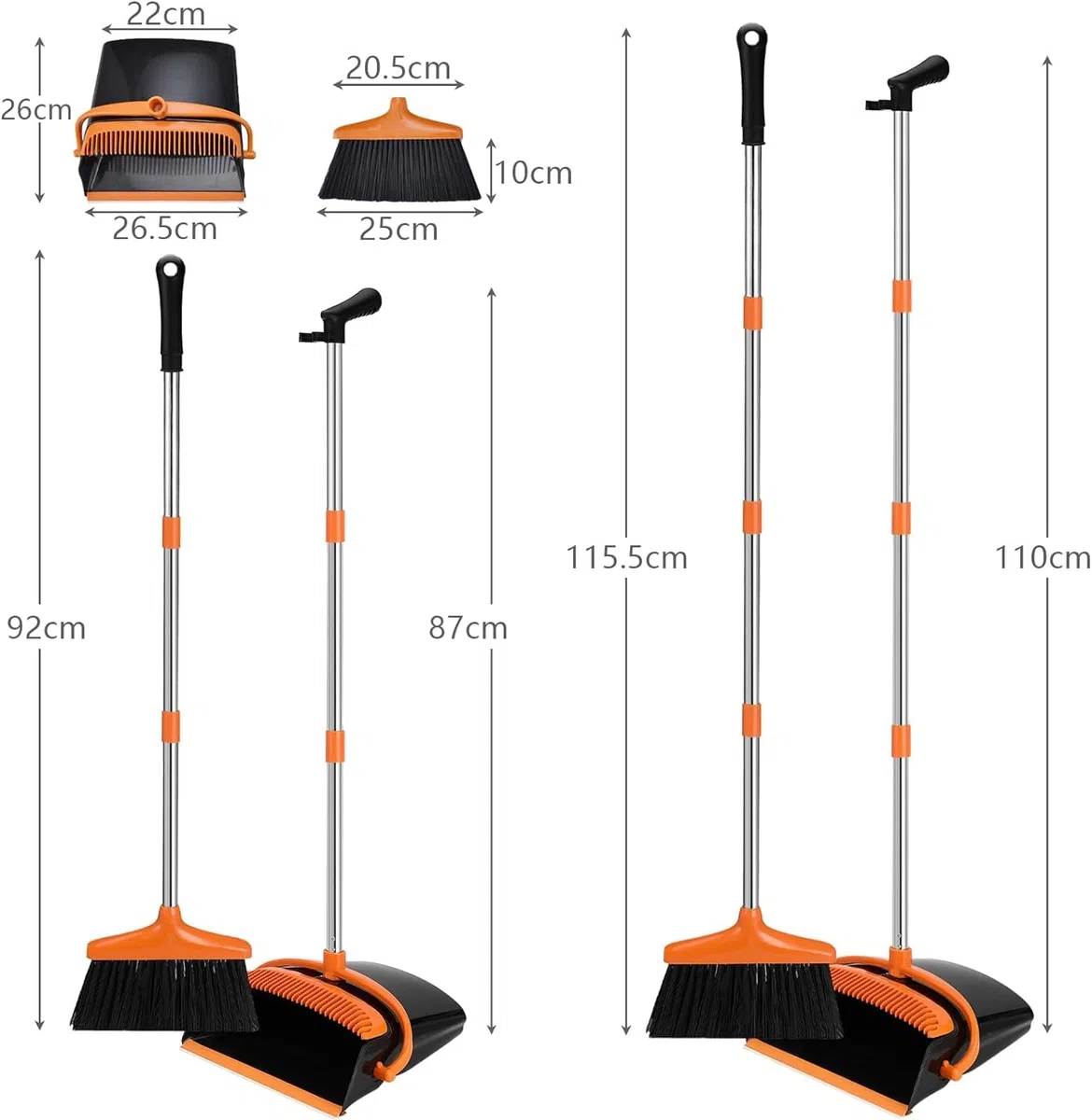 Besen und Kehrschaufel Set,mit langem Griff Ausziehbarem Stiel,aufrechter Kehrschaufel,Broom and Dustpan Set für drinnen und draußen, Garage, Küche, Büro