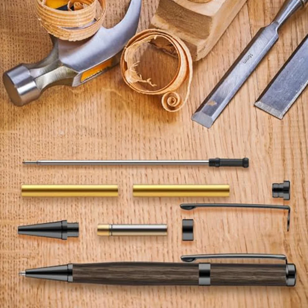 10-Teiliges Stift-Set zum Drechseln, Holzgefertigte Kugelschreiber 7 mm Slimline-Stift-Drehset mit Nachfüllpackung, Drehbank-Drechselzubehör, Schwarz