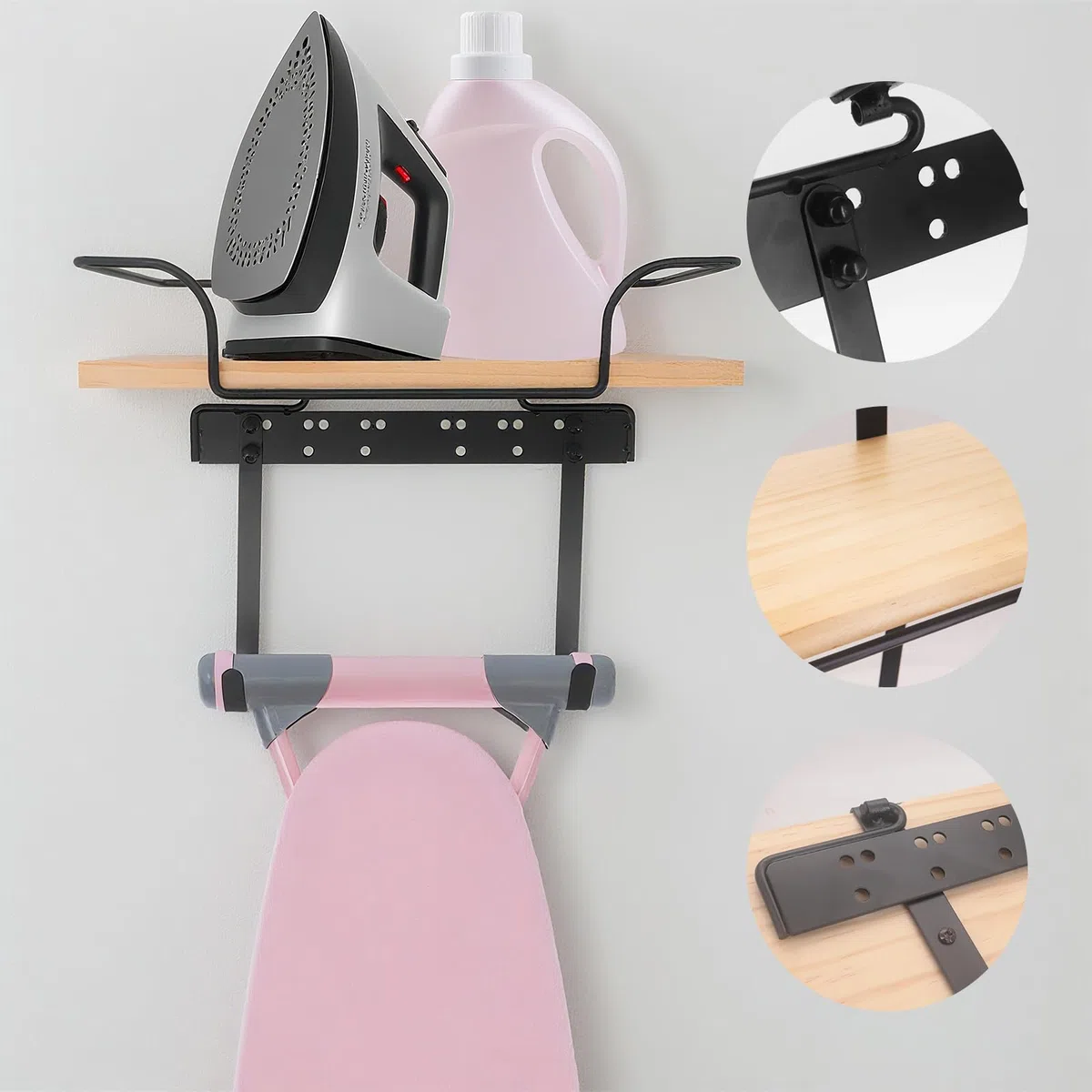 Bügelbrett Hanger Wandhalter - Heavy Duty Eisenständer mit Massivholzbasis und verstellbaren Haken, Wäscherei Eisen und Bügelbrett Halter, Platzsparende Wäscherei Organizer für Bügelbrett Lagerung