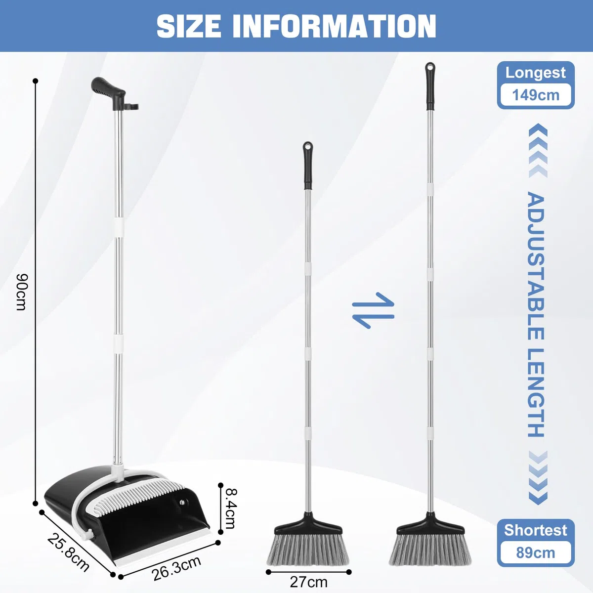 Besen und Kehrschaufel Set, 180 Grad Kehrschaufel mit Langem Stiel(149 cm), Ausziehbarem Stiel, Tragbar Kehrgarnitur, für Vorzelt, Haus, Büro, Lobby, Terrasse