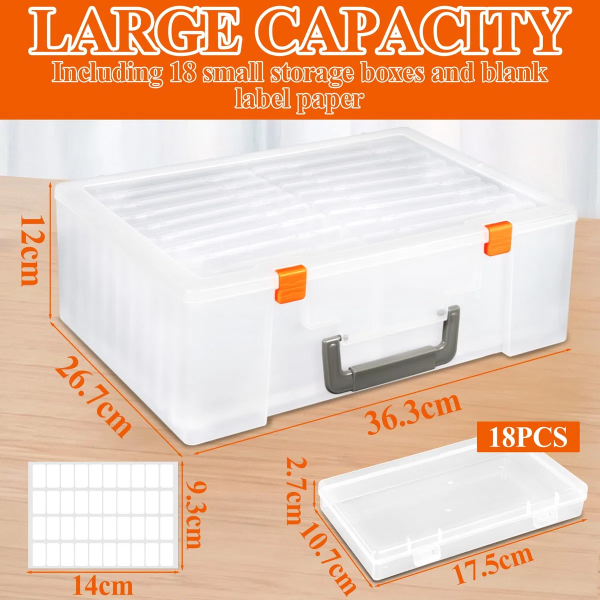 Fotoaufbewahrungsbox, 36,3x26,7x12cm, 18 innere Halter, transparent, mit Aufklebern, Kunststoff-Photo-Organizer für Sammler, Bastelkarten, Bürobedarf