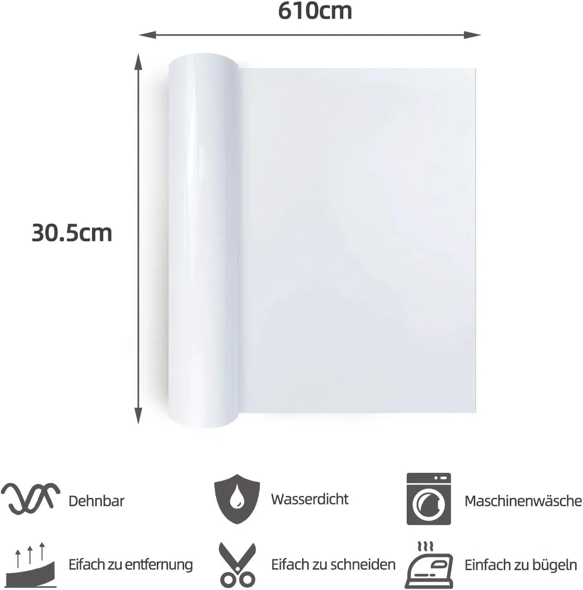 HTVRONT 20FT Plotterfolie Textil - 30.5cm x 6.1m Weiß Flexfolie zum Aufbügeln auf T-Shirt（Weiß）