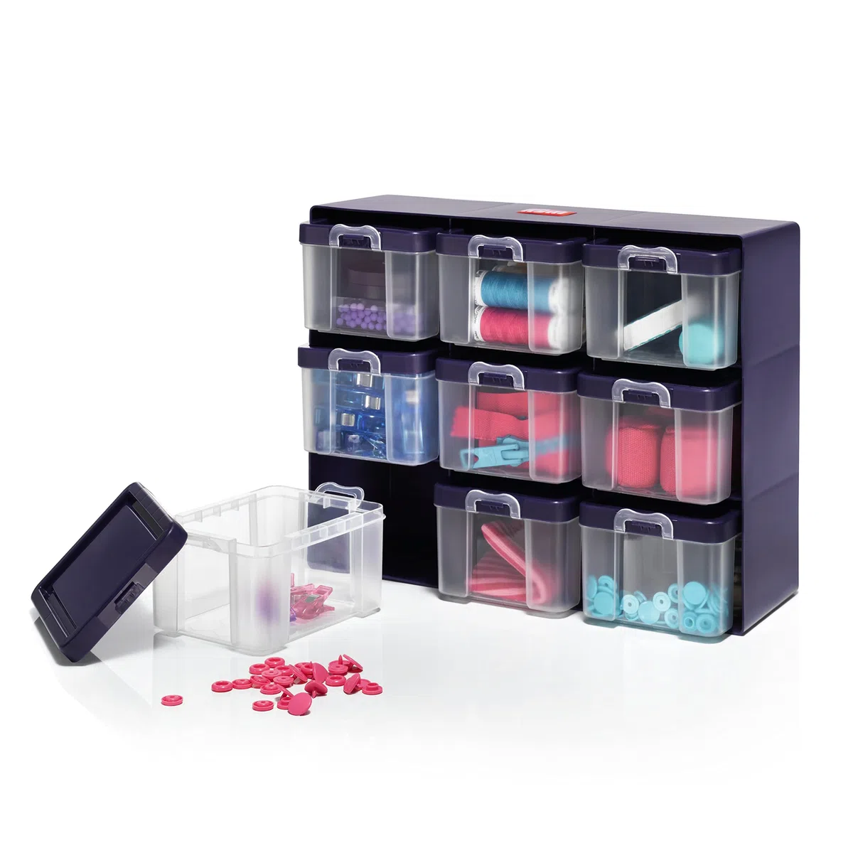 Prym 612399 Sortierkasten mit 9 Boxen, Organizer für kleinteiliges Nähzubehör, Pflaumeblau/Transparent
