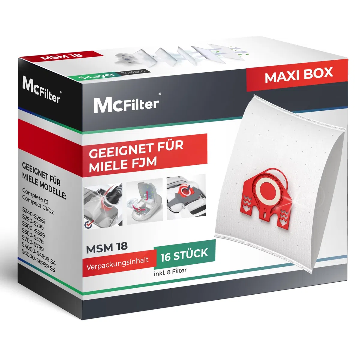 McFilter I 16 Staubsaugerbeutel kompatibel mit Miele Staubsauger FJM Serie S2 S3 S4 S5 S6 S7, Complete C1, Compact C1/C2 I Staubbeutel inkl. 8 Filter mit automatischem Staubverschluss I MAXI BOX