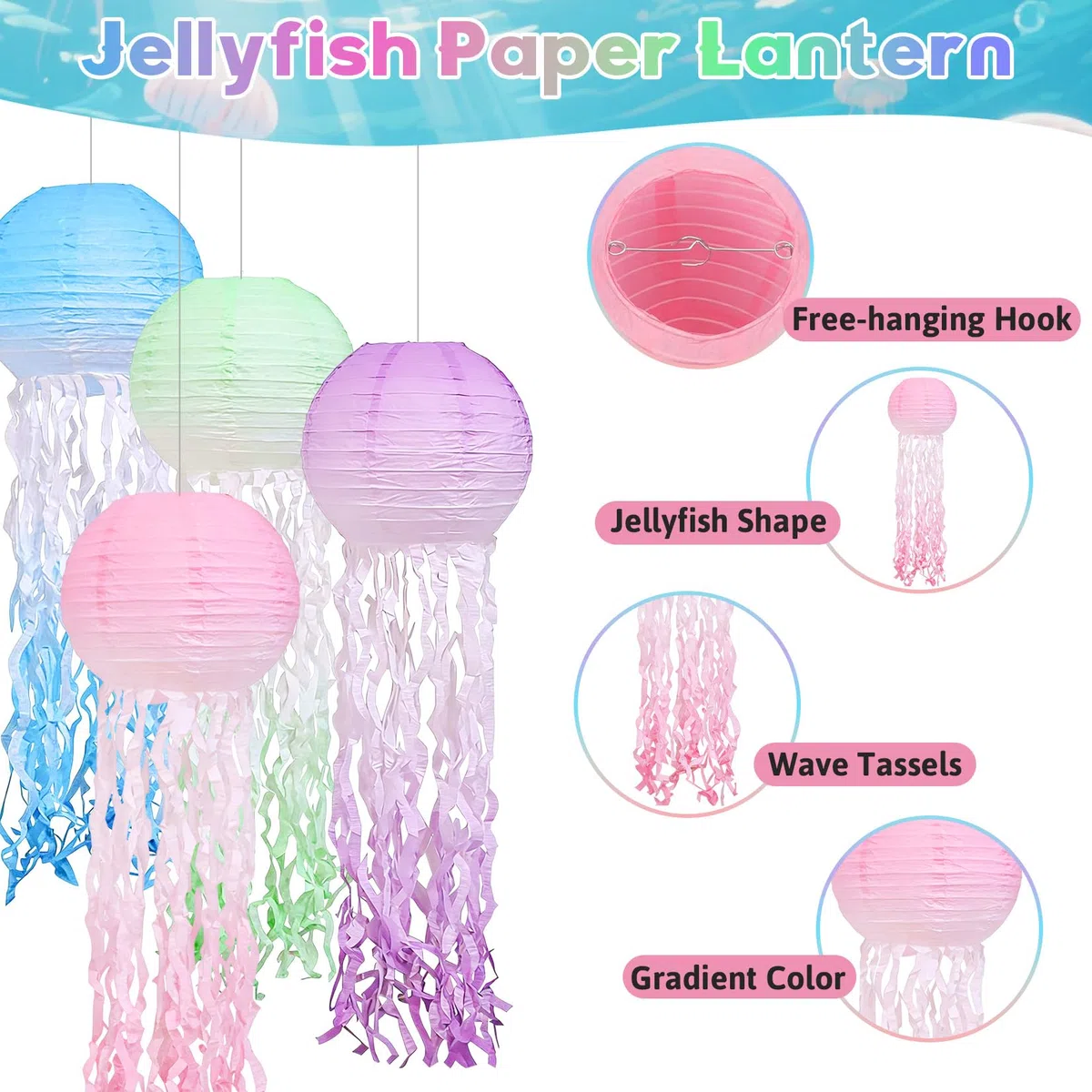 8 Stück Papierlaterne Laterne Deko, Farbverlauf Papierlaternen Quallen Papier Lampions für Ozean Thema Geburtstag Party Deko Unterwasserwelt & Meerjungfrau Party Garten Hochzeit Babyparty