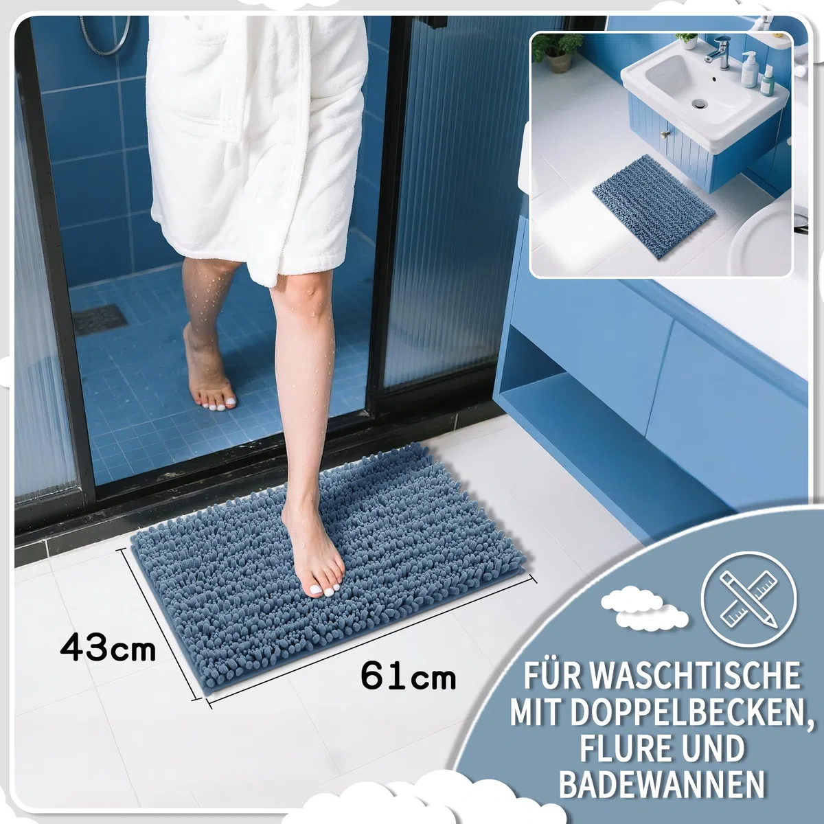 Yimobra Chenille Badematte rutschfest - Weicher Badvorleger Maschinenwaschbar - Mikrofaser Absorbent Badteppich, für Dusche und Badezimmer, 43 x 61 cm, Denim Blau