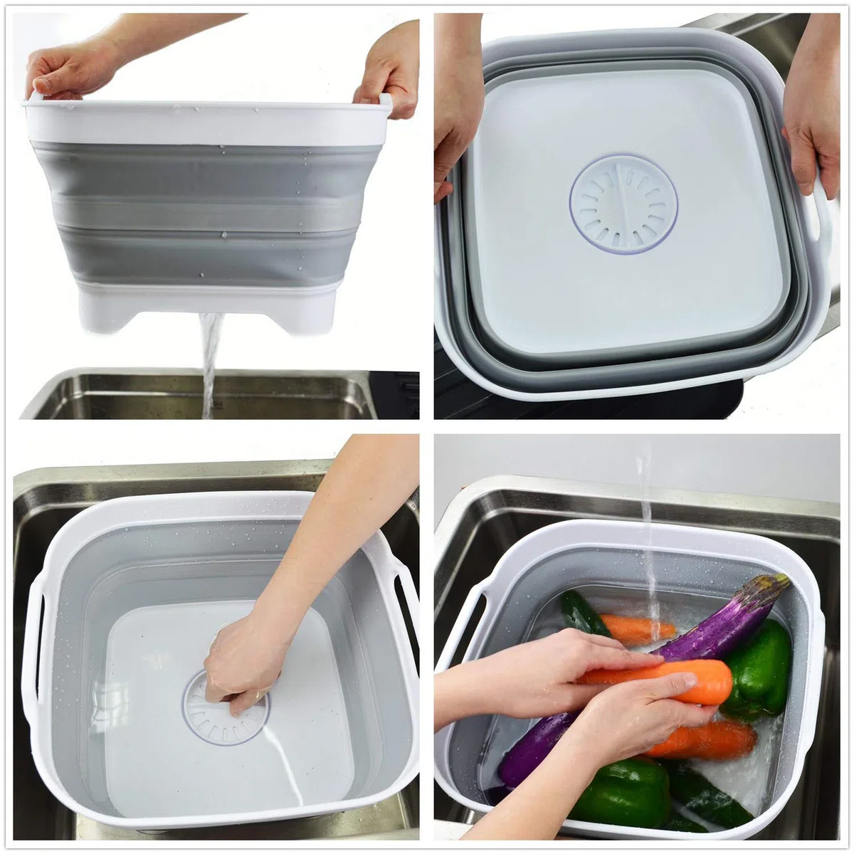 SAMMART 10L Faltschale Plastik mit Ablassschraube - Faltbares Waschbecken - Tragbare Geschirrspülwanne - Platzsparendes Küchenablagefach (Weiß/Grau, 1)