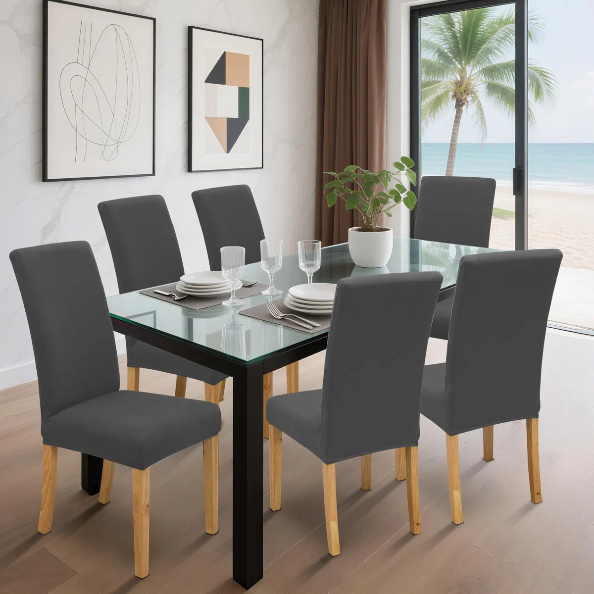 Stuhlhussen Stretch Stuhlbezug Set 4 Stück, elastische abnehmbare waschbare Stuhlhusse für Esszimmerstuhl, Schwingstuhl, Schaukelstuhl, Küche, Wohnzimmer, Büro, Hotel, Restaurant, Bankett