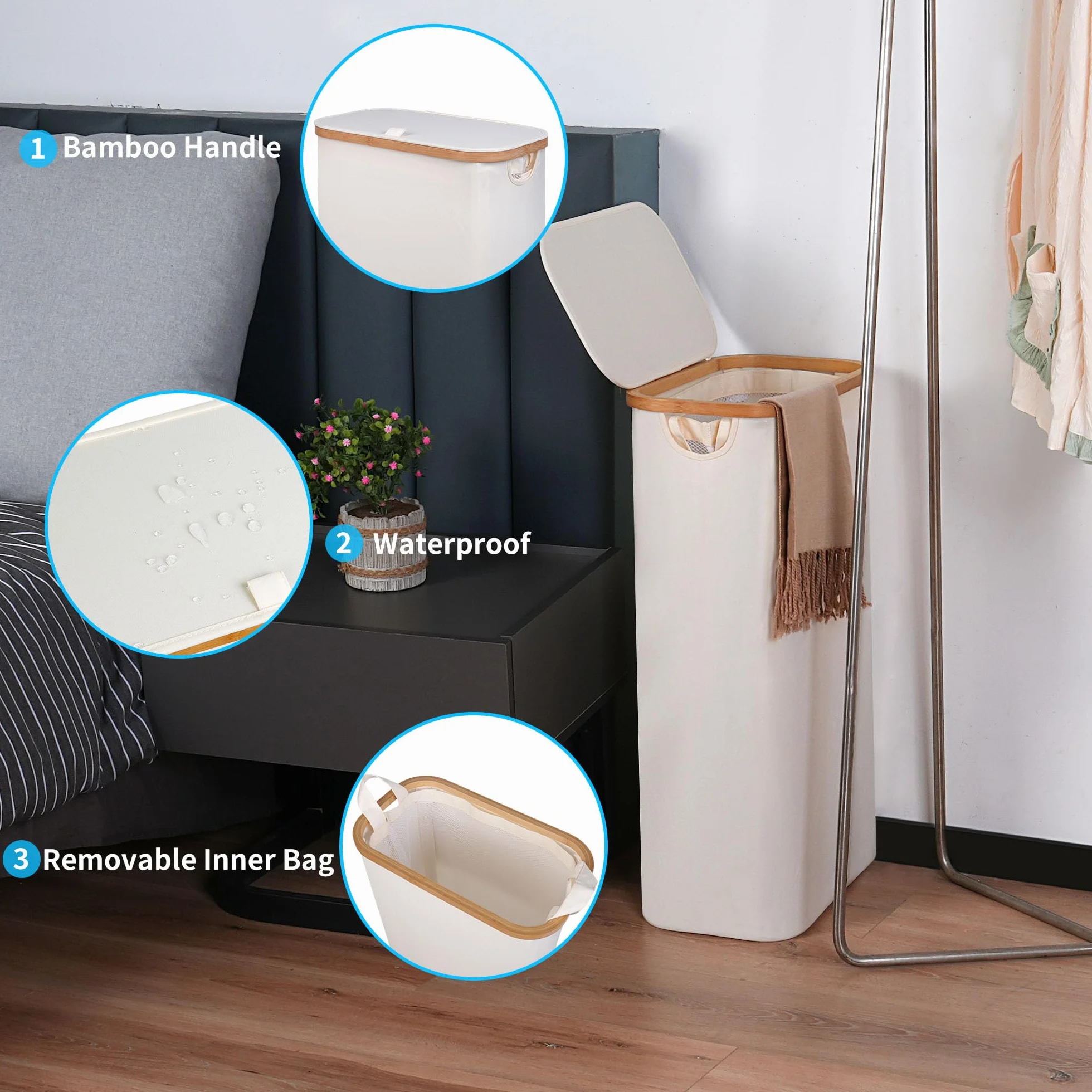 efluky Wäschekorb Schmal 63L, Schlanker Wäschekorb mit Deckel, Beige Faltbare Wäschebehälter mit Bambusgriffen und abnehmbarem Beutel für Waschküche, Schlafzimmer, Badezimmer