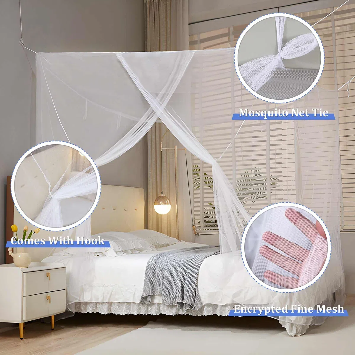 Moskitonetz Bett Reise für Doppelbett und Einzelbetten,Himmelbett Vorhänge mit Aufhängehaken,Weiß Feinmaschig Betthimmel aus Polyester,Vielseitig Großes Moskitonetz Pavillon 150x180x195cm
