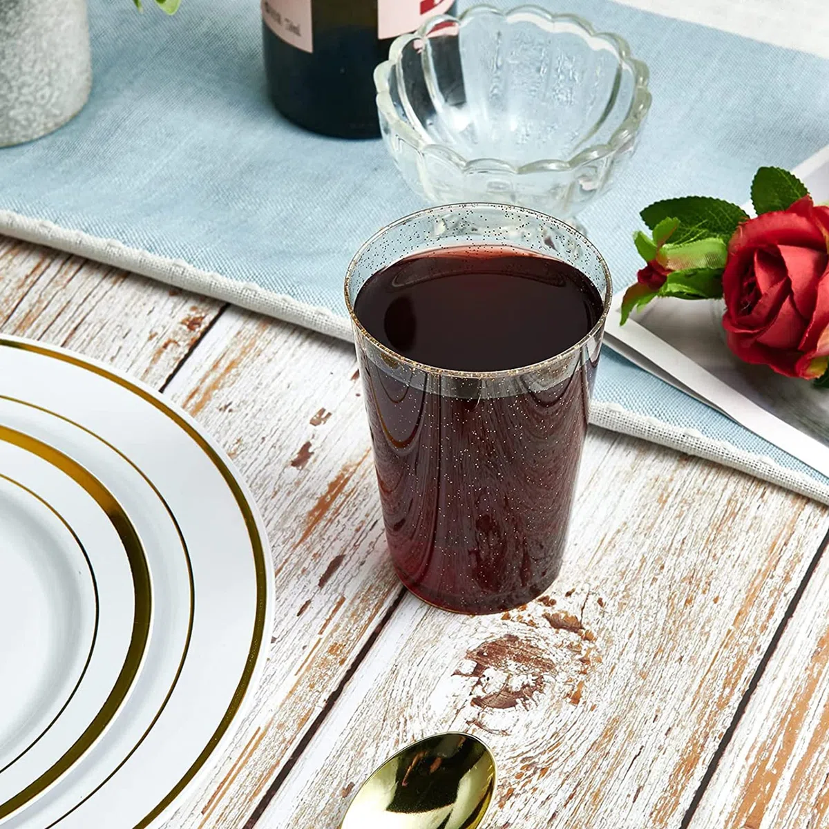 CYH 50 Stück Mehrweg Plastikbecher mit Silberglitter, 300ml Transparent Partybecher Wiederverwendbare Runde Trinkbecher Elegante Party Weingläser für Party Hochzeit Geburtstag Picknick (Silber)