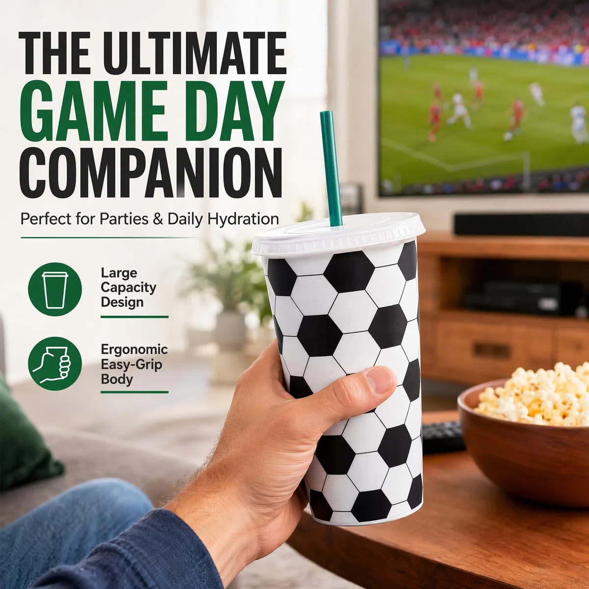 MeYuxg 12er-Set Fußball Becher, 701ML Fußball Tasse mit Deckel und Strohhalm Wiederverwendbare Schwarz-Weiß, für Bier, Water und Getränke, Fussball Sportball Party Tumbler