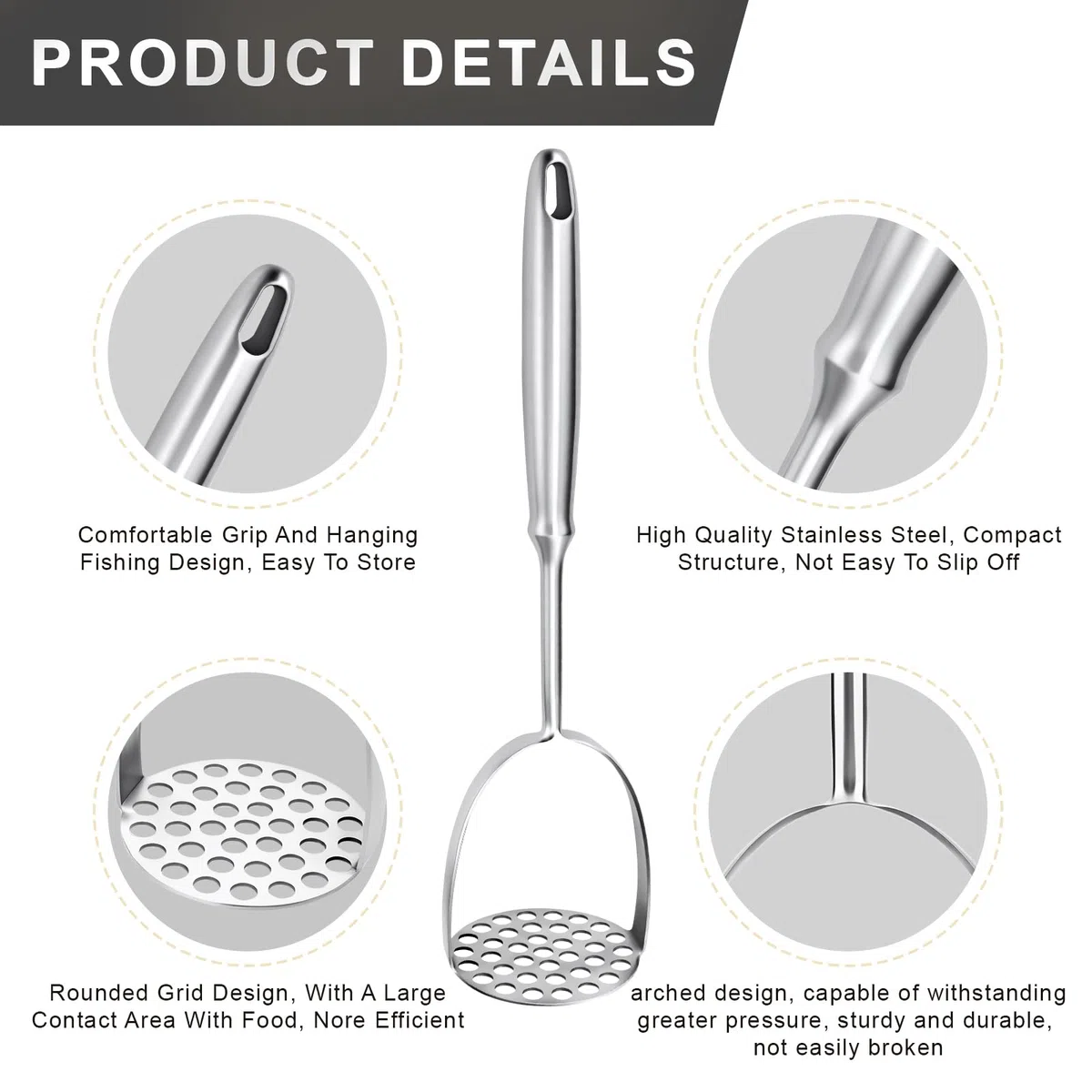 Kartoffelstampfer Edelstahl 32 cm mit Langem Griff,Stampfer Küche,Potato Masher für Spülmaschinenfest, Kartoffelbrei, Gemüse, Früchte
