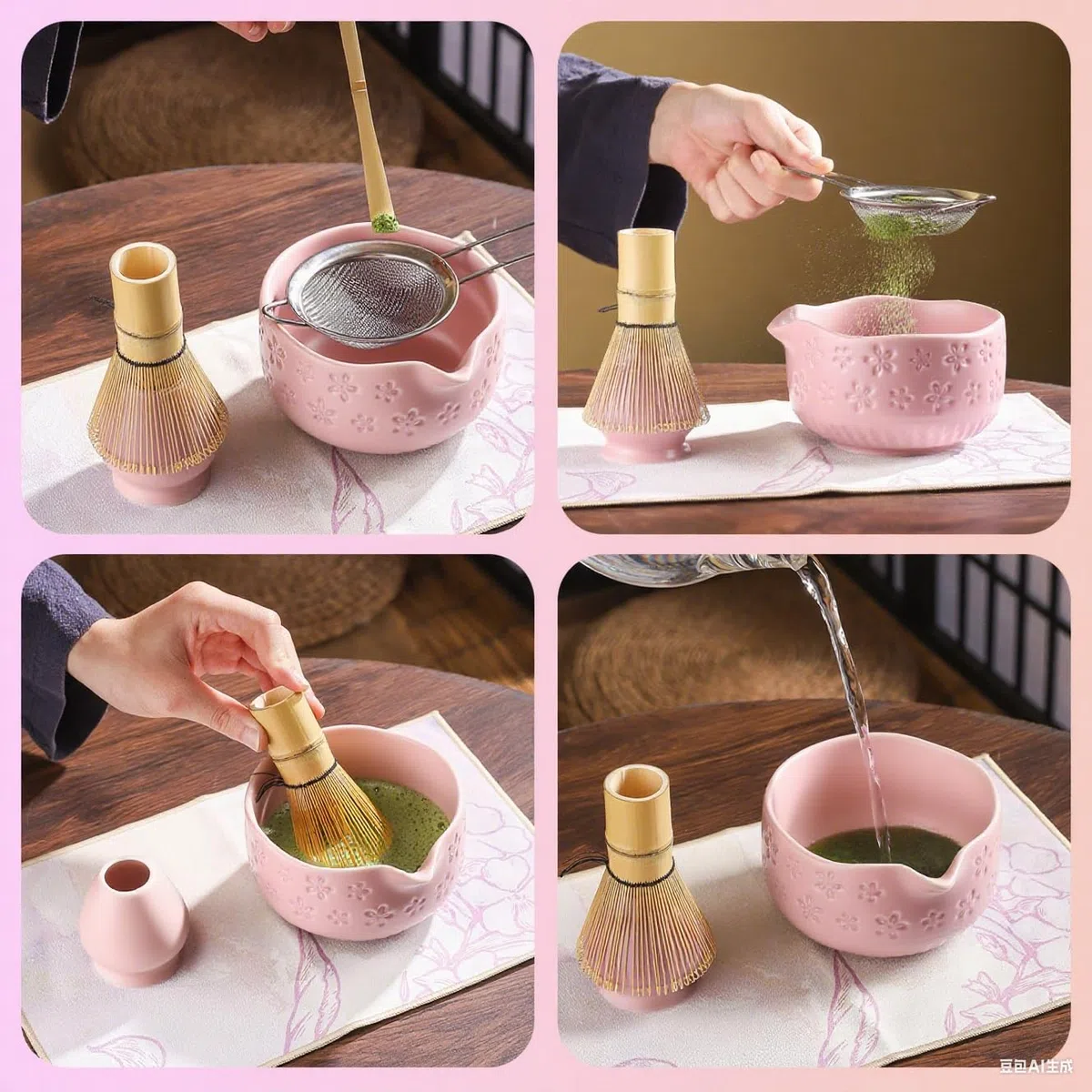 Matcha-Schneebesen-Set, 7-teilig, Matcha-Teeset für die Zubereitung von Latte, japanisches Matcha-Set mit traditionellem Chasen für authentische Teezeremonie (Rosa, 7PCS)