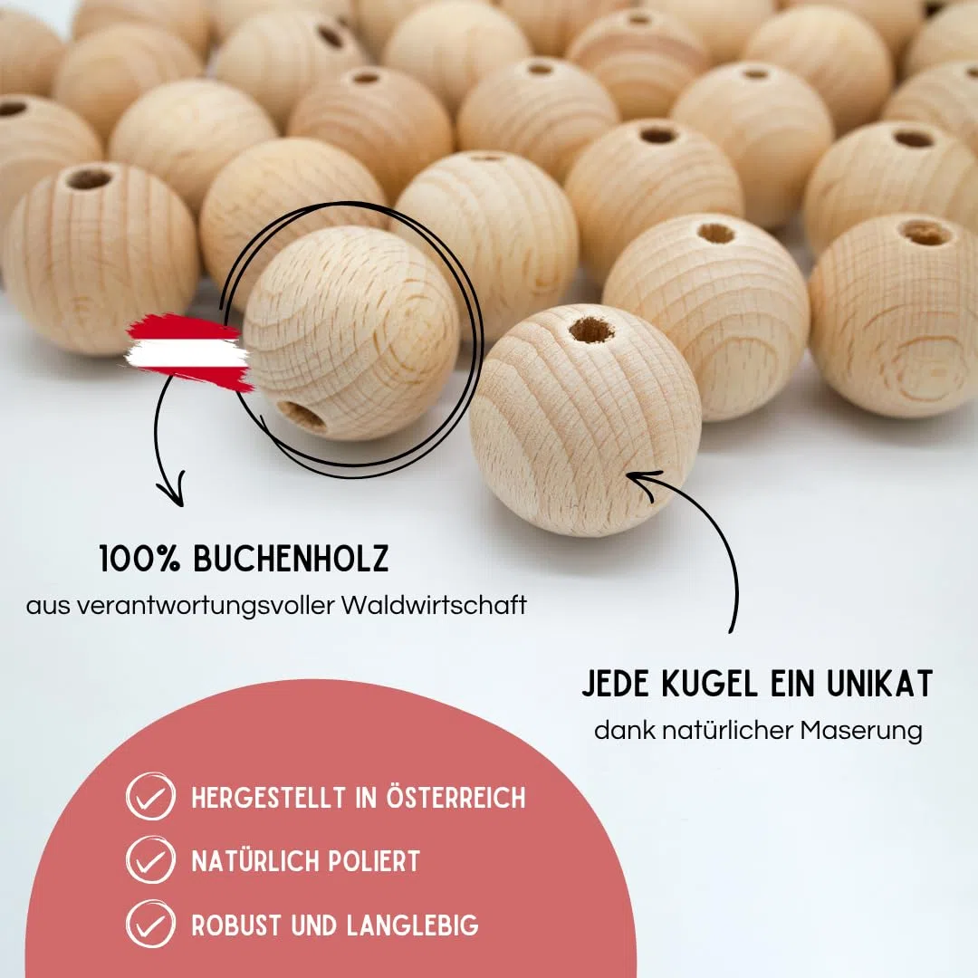 EV® Holzkugeln mit Loch - 12 Stück 50mm Durchmesser - Made in Austria - Große Holzperlen zum Auffädeln mit 8mm Bohrung, Gedrechselt aus Hochwertigem Buchenholz
