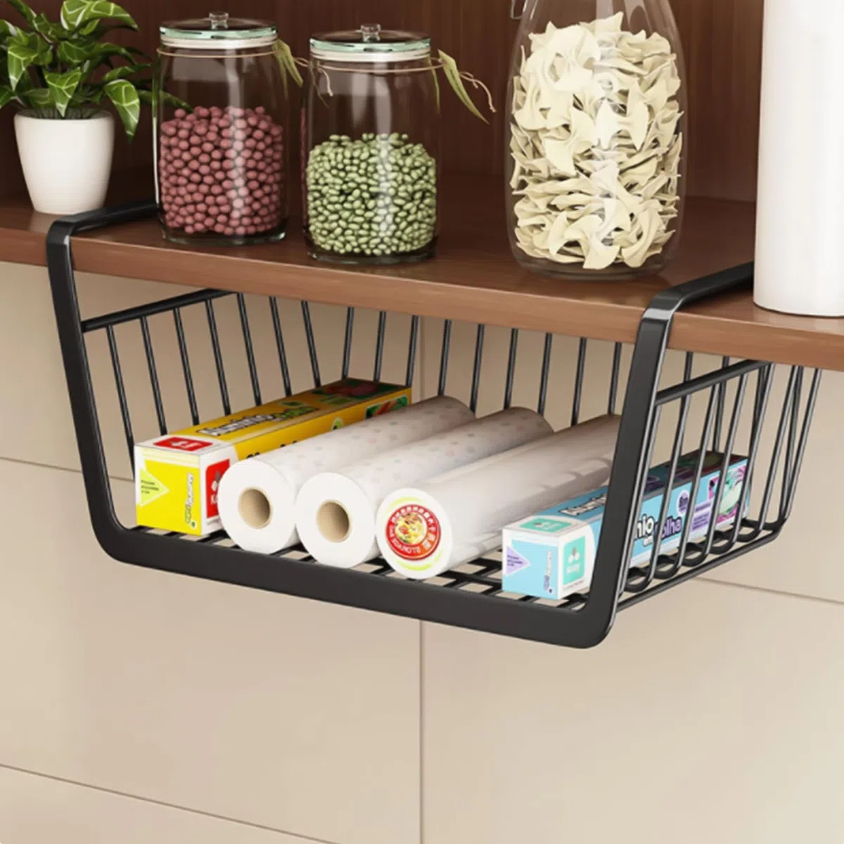 2 Stück Schwarz Unterregal Hängekorb Schrank, Regaleinhängekorb Küche Organizer Schrankkörbe Metall Aufbewahrungskorb für Küche, Schrank, Bad, Speisekammer, Büro