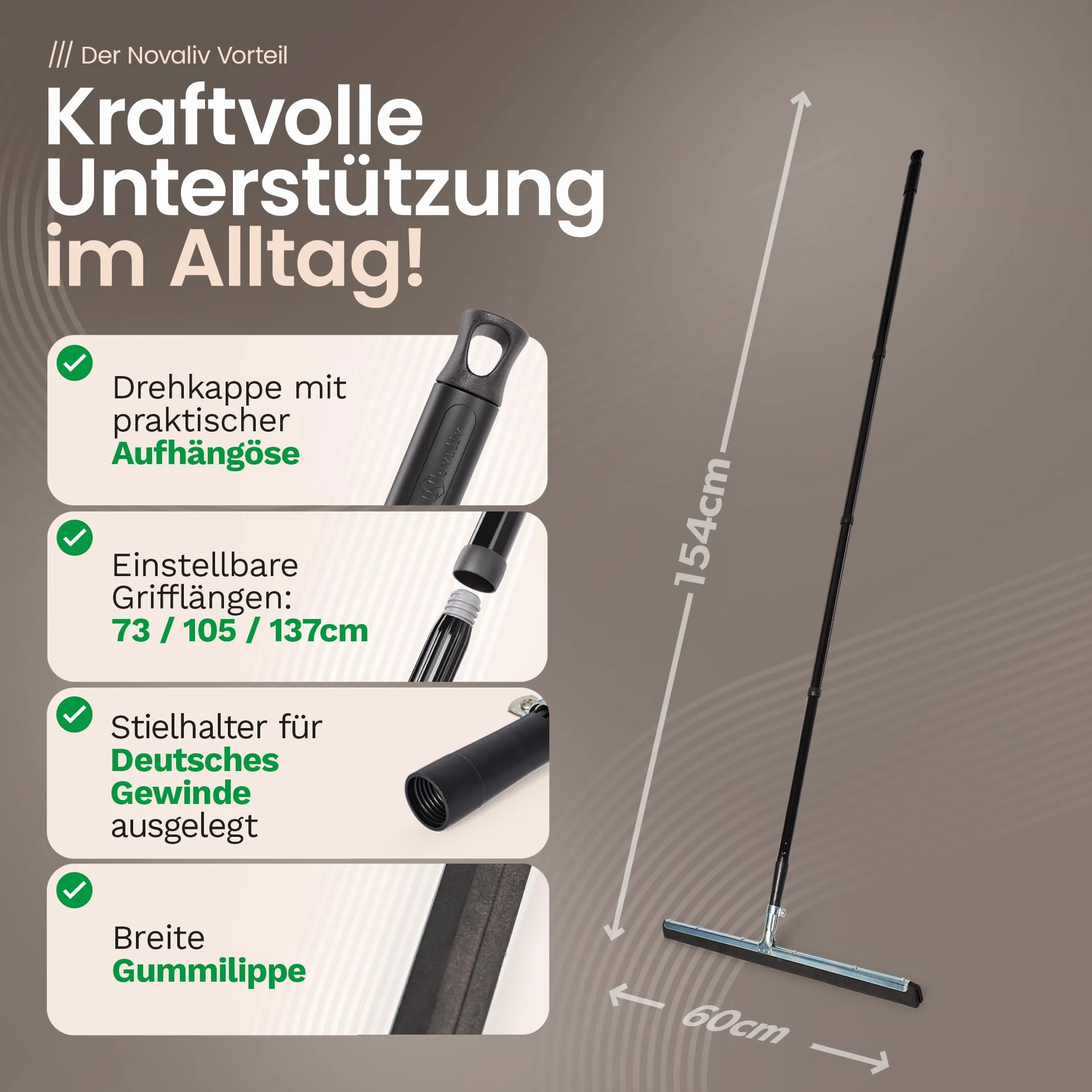 Novaliv Wasserschieber Bodenabzieher 60cm mit Stiel 137 cm Duschabzieher Abzieher Dusche Boden Abzieher Fenster Profi Wasser Abzieher Schieber für Boden Wasserabzieher Terasse Boden Pool