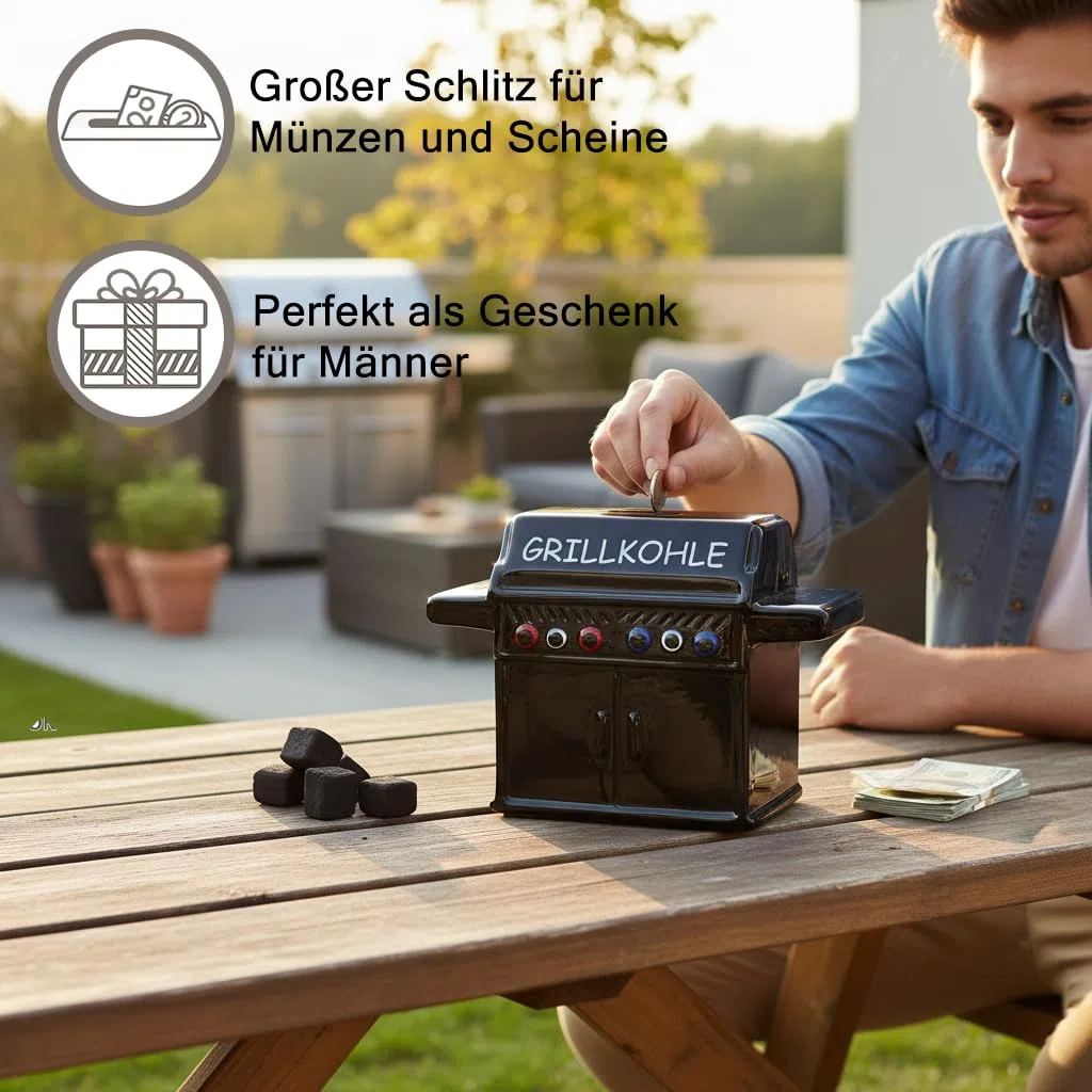 GILDE Spardose Mann Grill Geschenke für Männer – Sparschwein Grill Kohle Geschenke für Männer Geschenkidee für Papa Schwarz 18 x 5,5 cm Höhe 14 cm