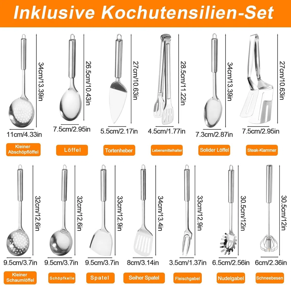Kottwca Edelstahl Küchenutensilien Set 13 Stück, Wärmebeständig, Kunststoff - frei, Antihaft Hitzebeständiger Küchenhelfer Set, Geschirrspülergeeignet - Ideal für alle Küchenbedürfnisse